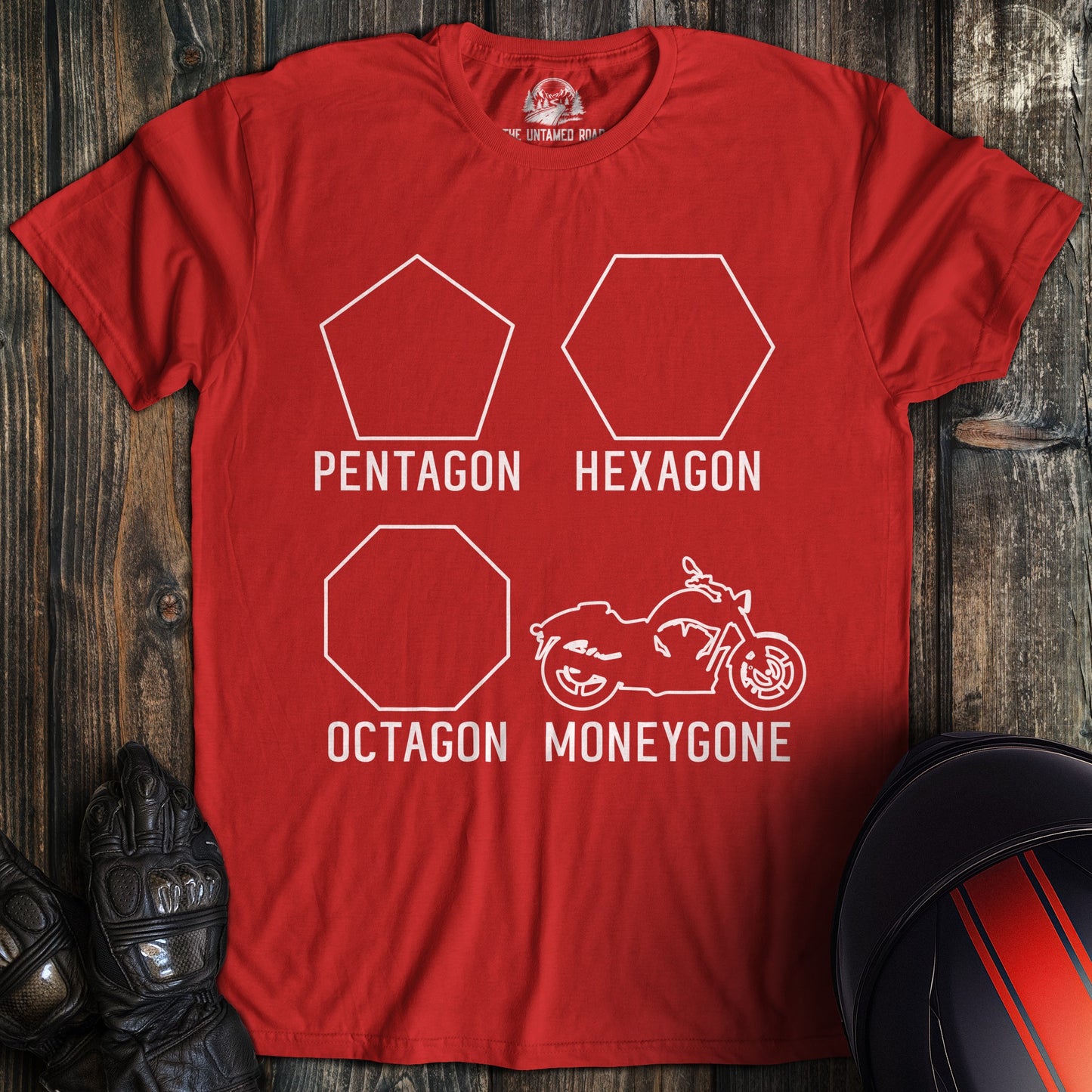 A red colored t-shirt with the words "moneygone harley" printed on the front.