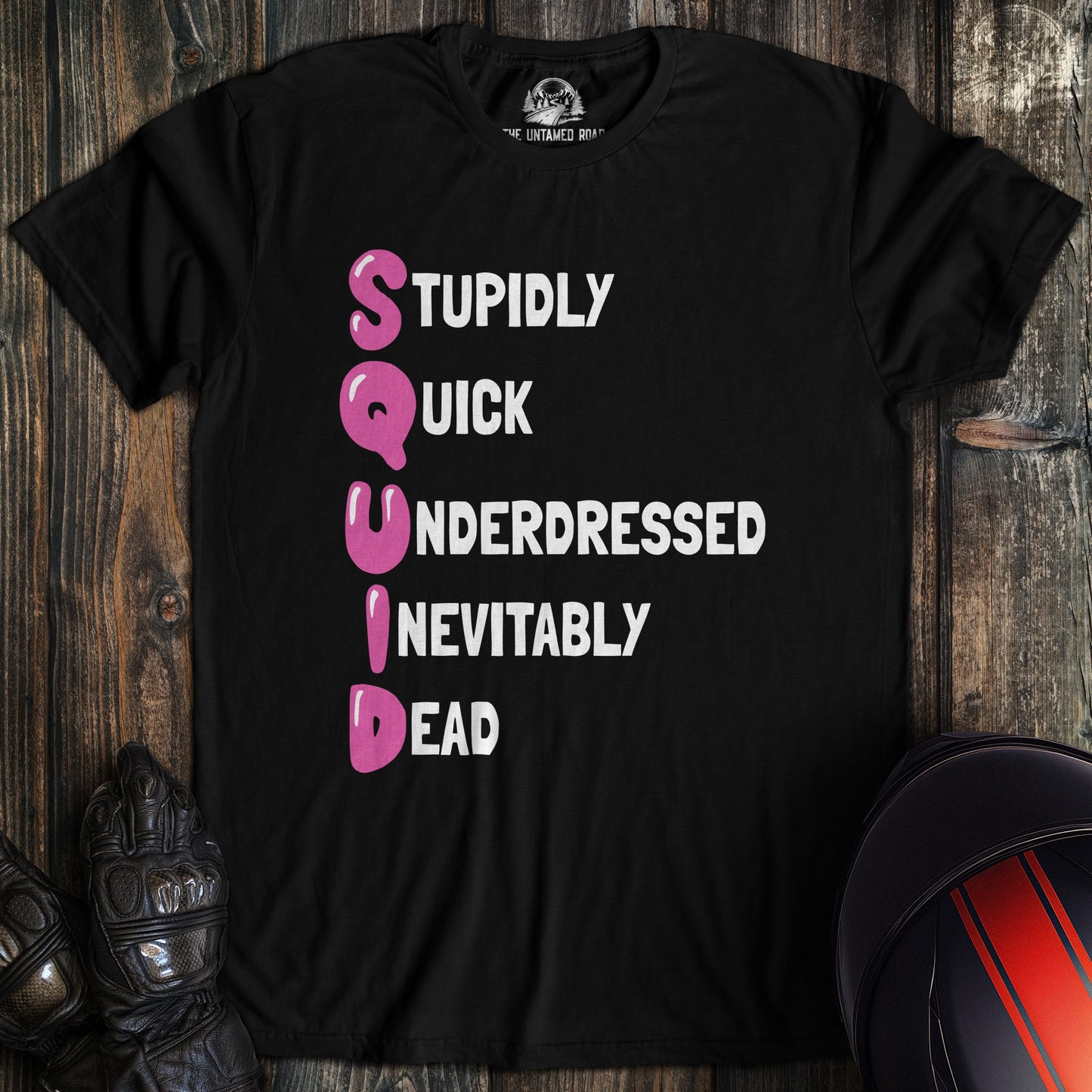 A black colored t-shirt with the words "squid" printed on the front.