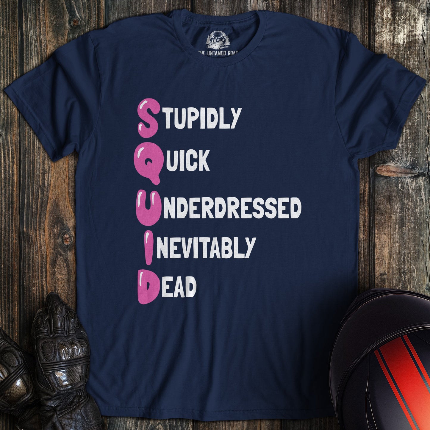 A navy colored t-shirt with the words "squid" printed on the front.