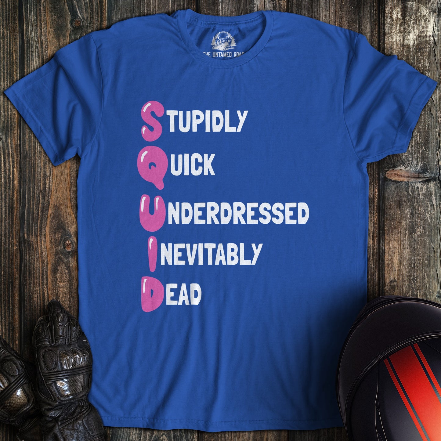 A royal blue colored t-shirt with the words "squid" printed on the front.