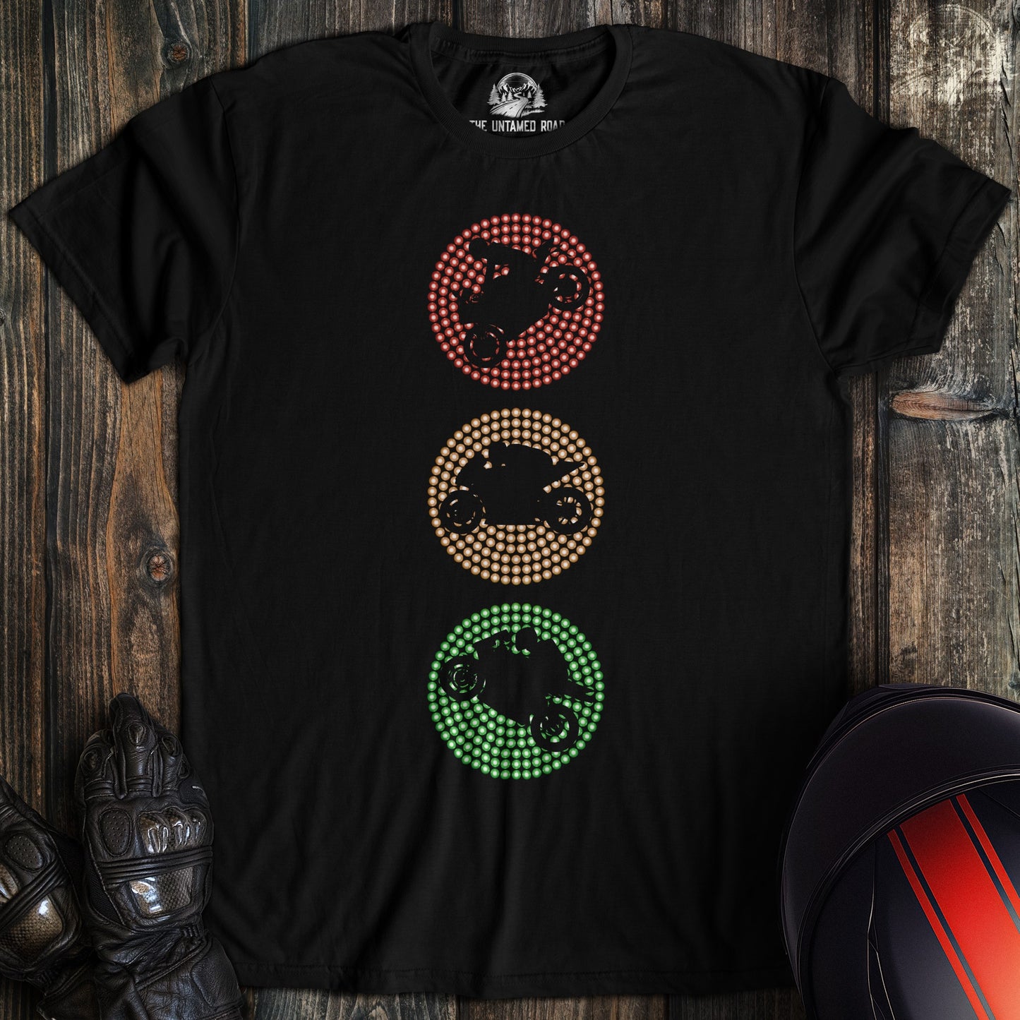 A black colored t-shirt with the words "traffic lights" printed on the front.