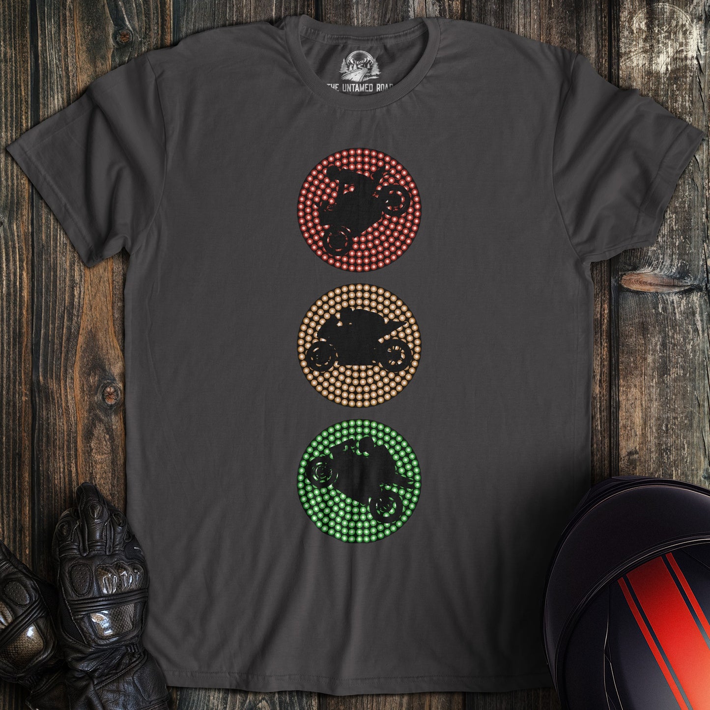A charcoal colored t-shirt with the words "traffic lights" printed on the front.