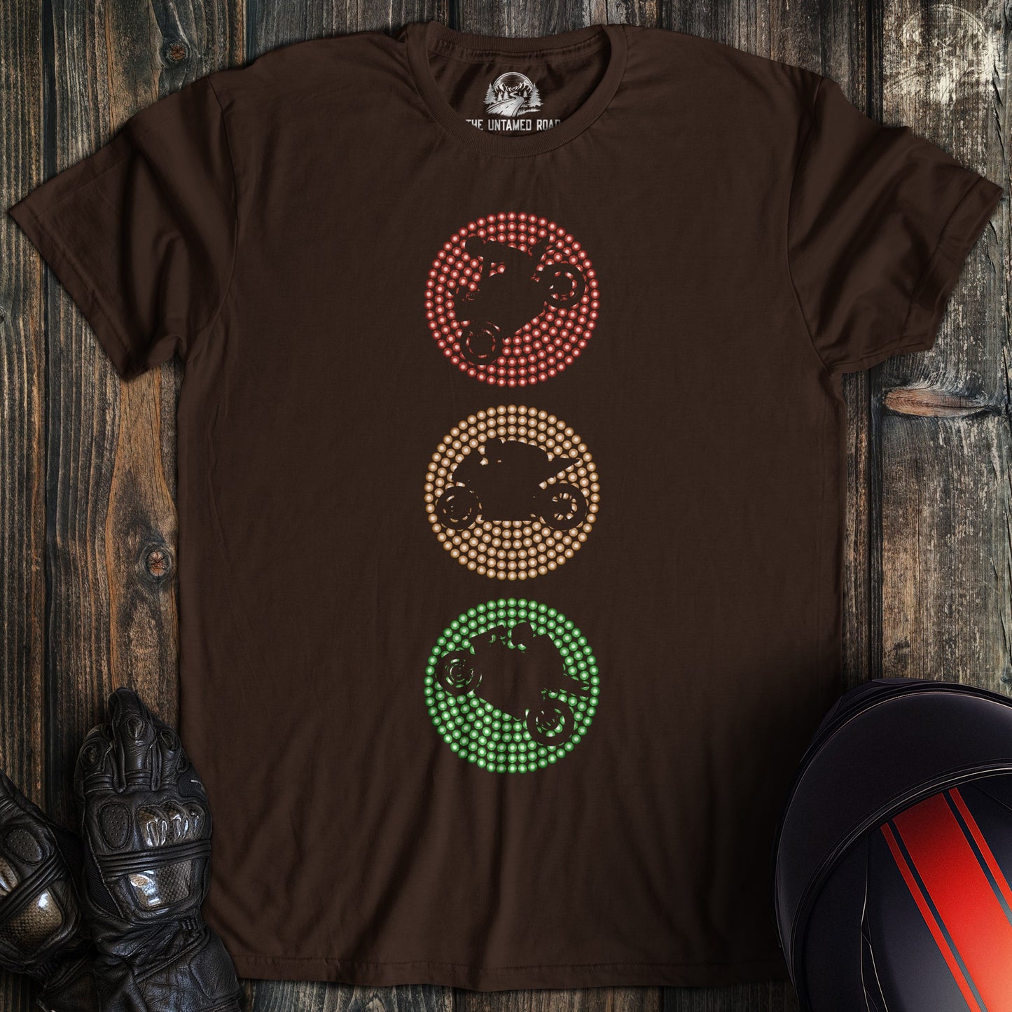 A dark chocolate colored t-shirt with the words "traffic lights" printed on the front.