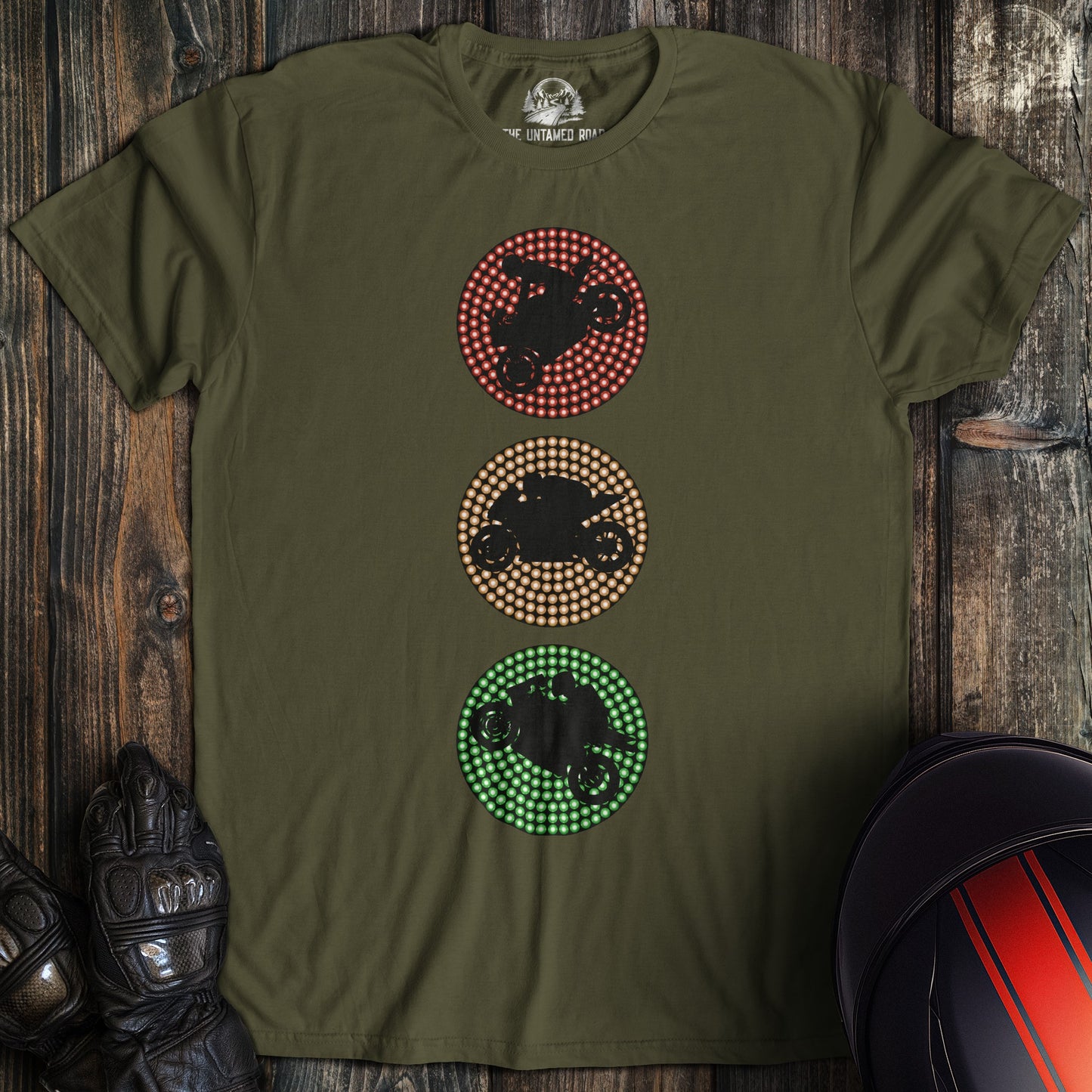 A military green colored t-shirt with the words "traffic lights" printed on the front.