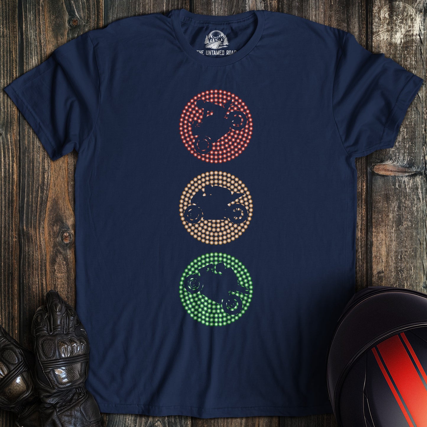 A navy colored t-shirt with the words "traffic lights" printed on the front.