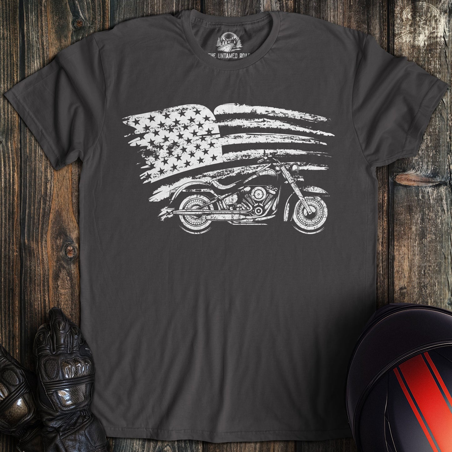 A charcoal colored t-shirt with the words "harley flag" printed on the front.