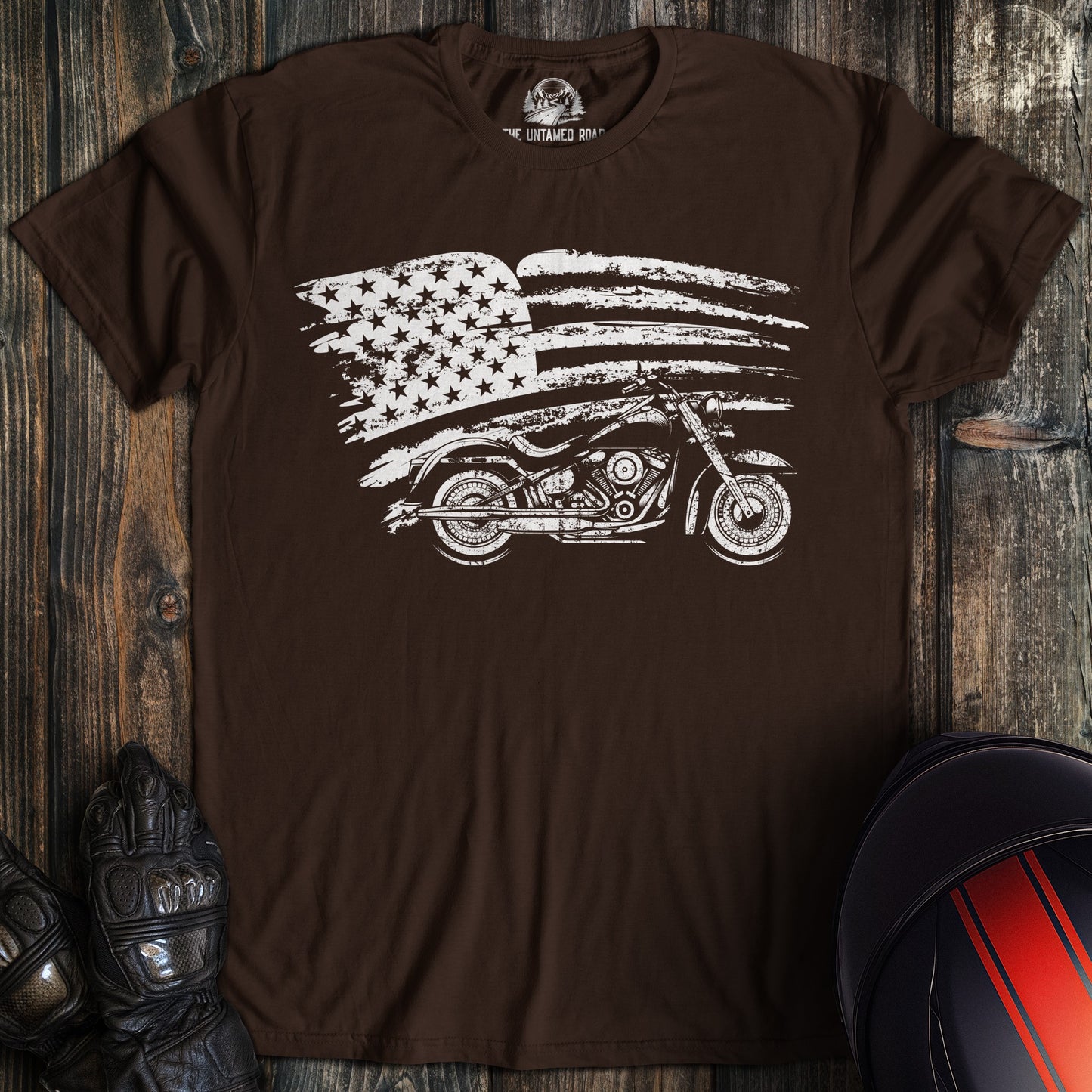 A dark chocolate colored t-shirt with the words "harley flag" printed on the front.