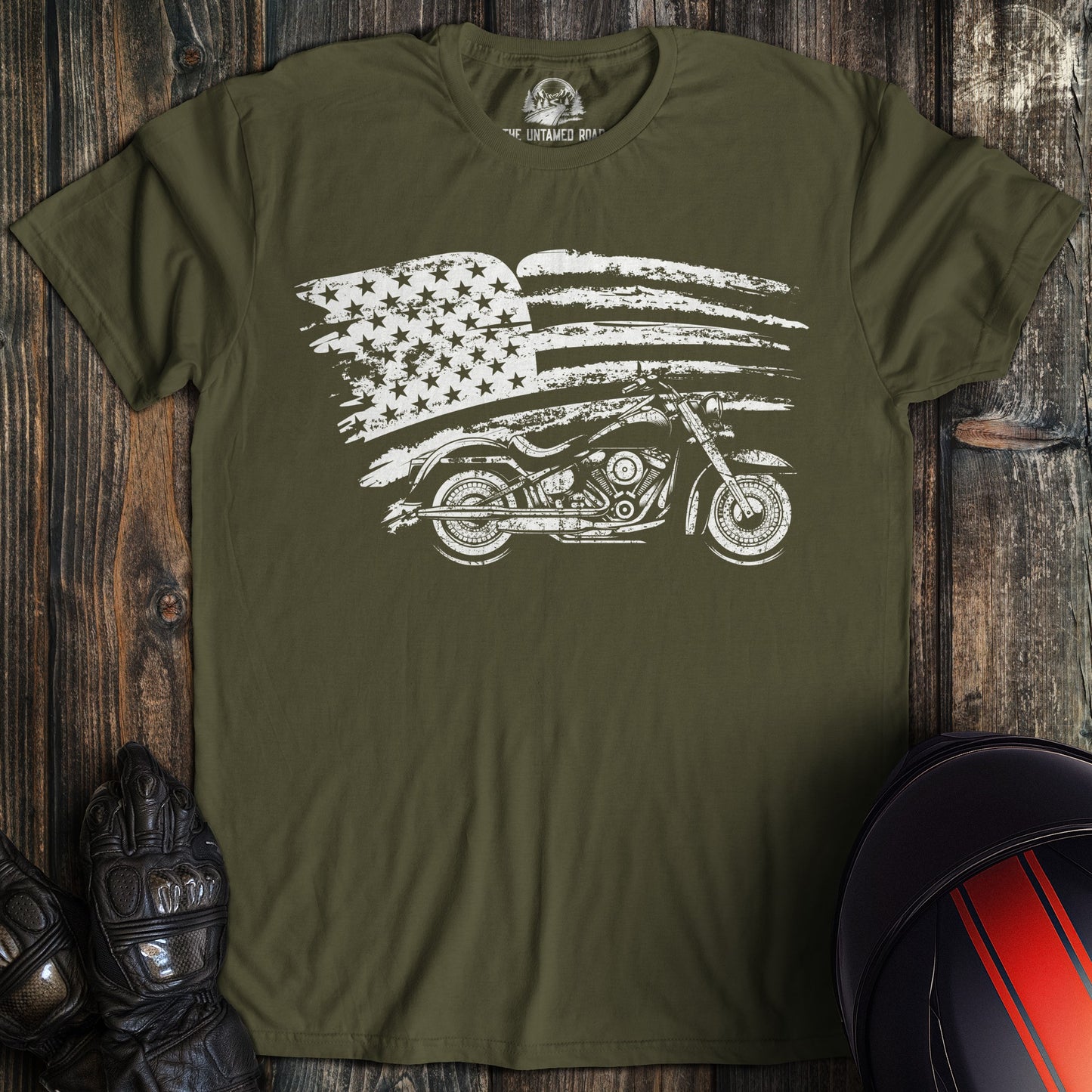 A military green colored t-shirt with the words "harley flag" printed on the front.