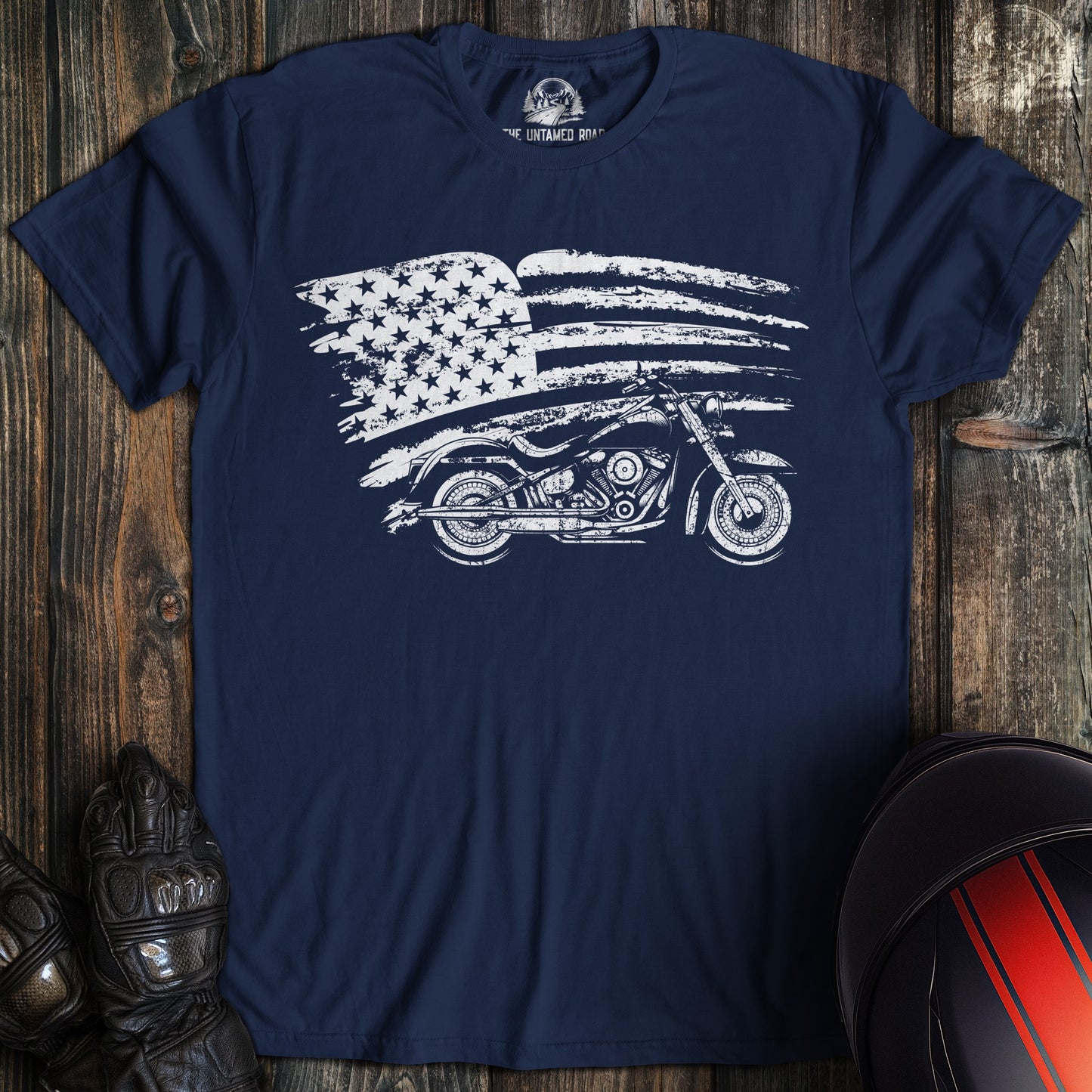 A navy colored t-shirt with the words "harley flag" printed on the front.