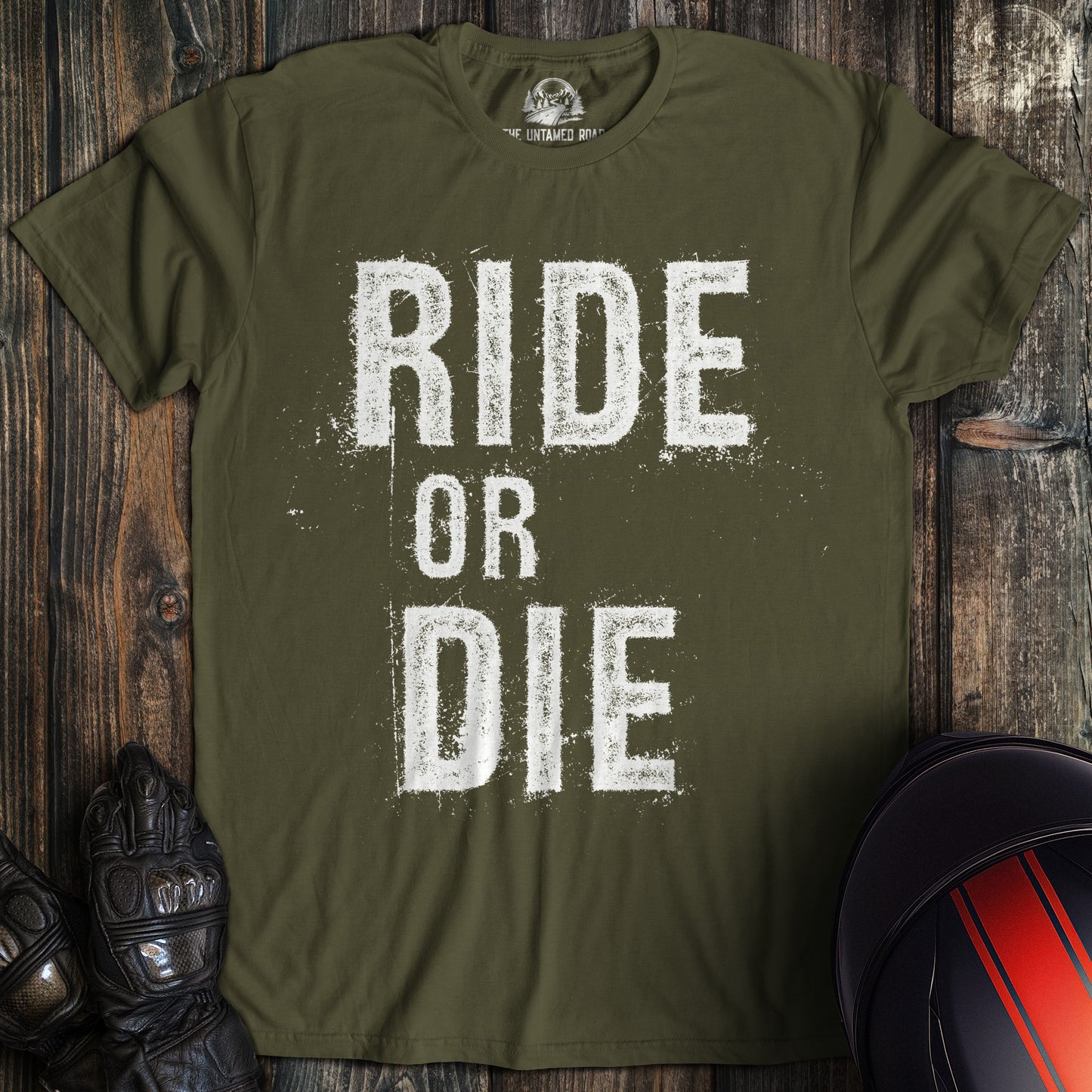 A military green colored t-shirt with the words "ride or die" printed on the front.
