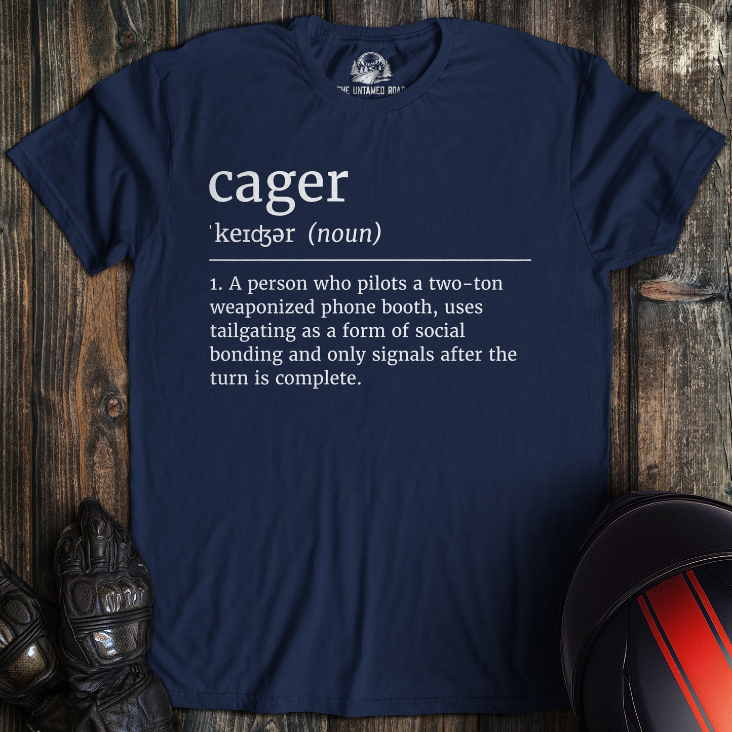 A navy colored t-shirt with the words "cager definition" printed on the front.