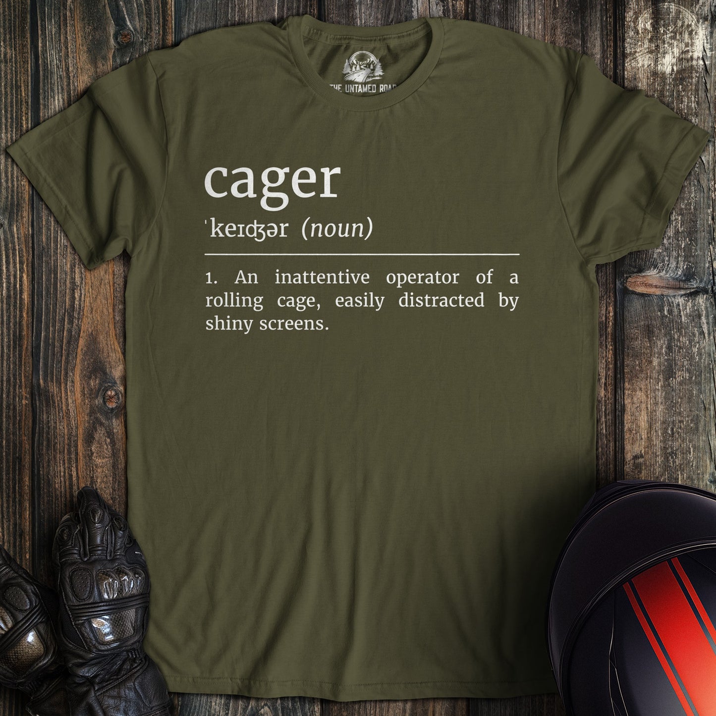 A military green colored t-shirt with the words "cager definition 2" printed on the front.