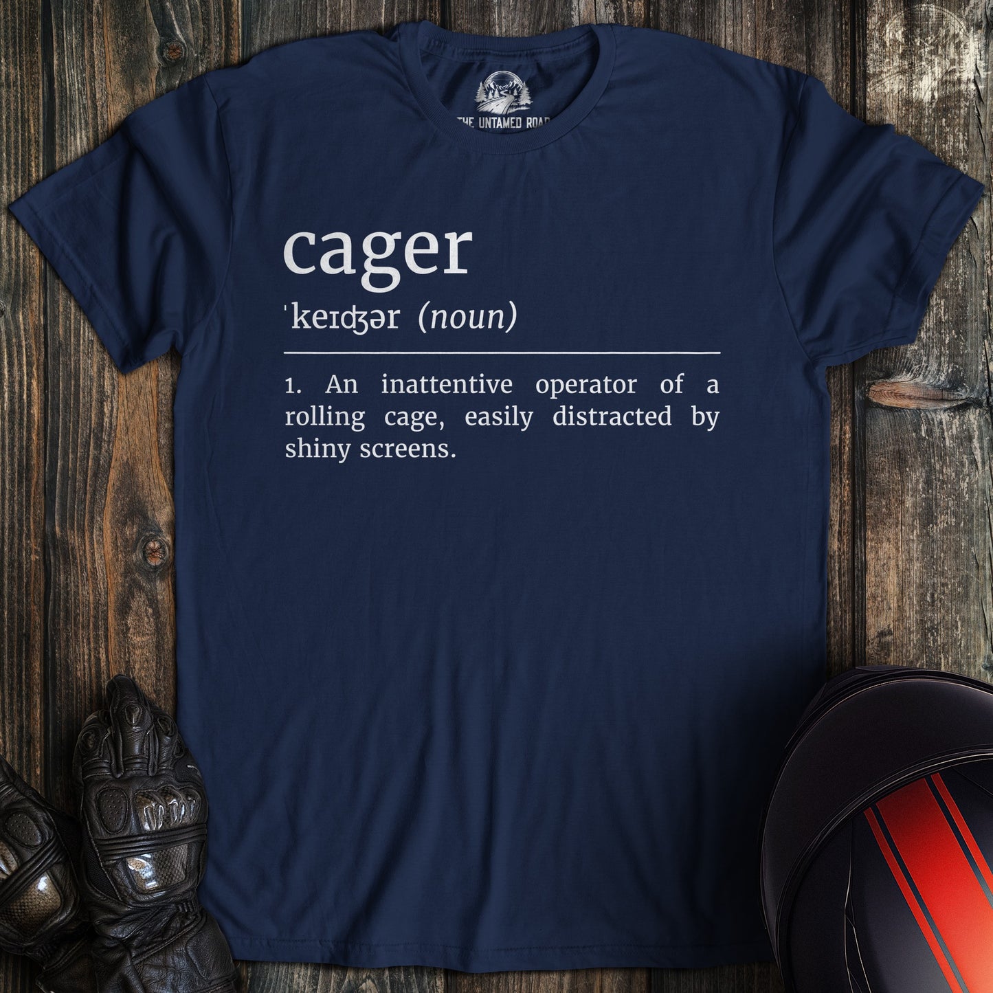 A navy colored t-shirt with the words "cager definition 2" printed on the front.