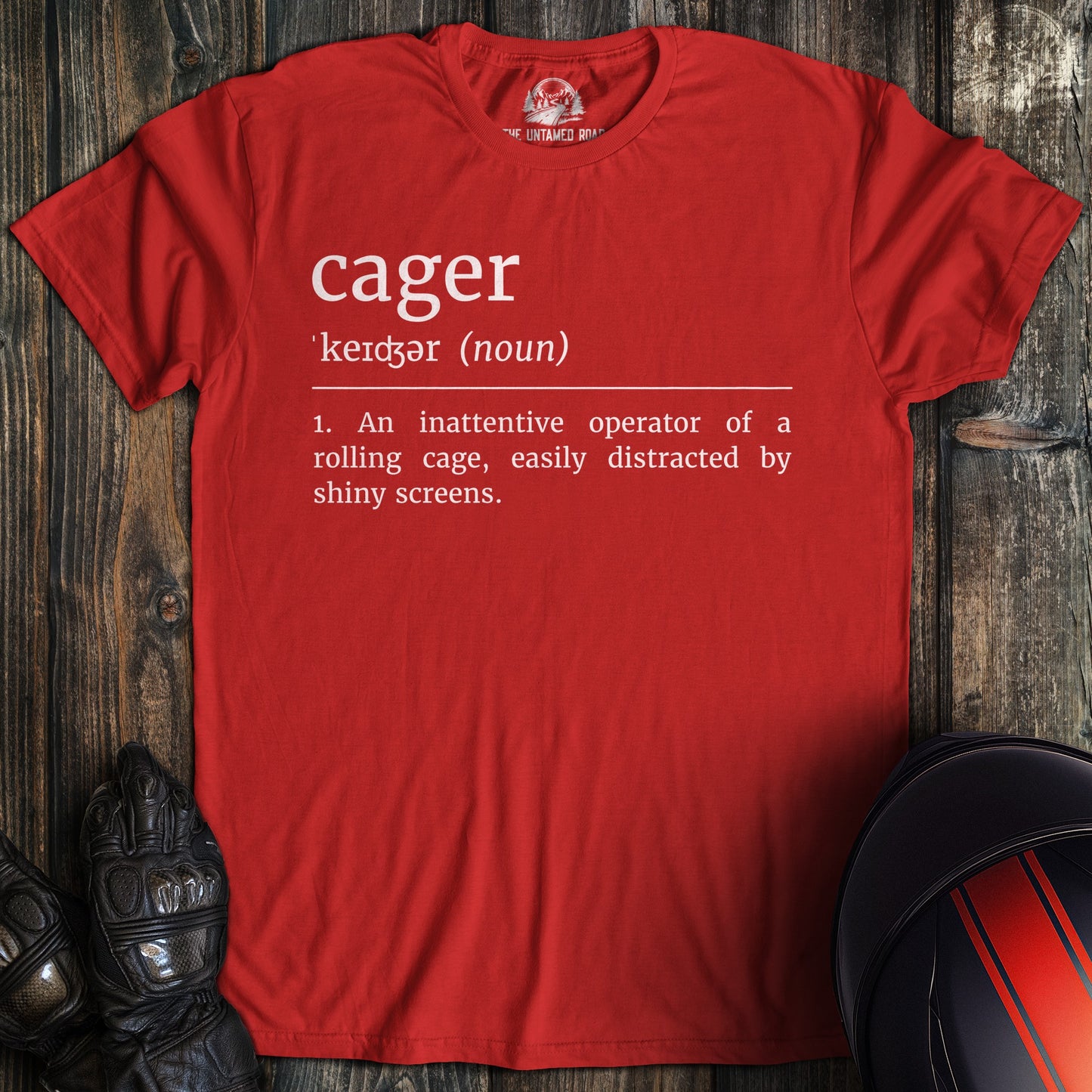 A red colored t-shirt with the words "cager definition 2" printed on the front.
