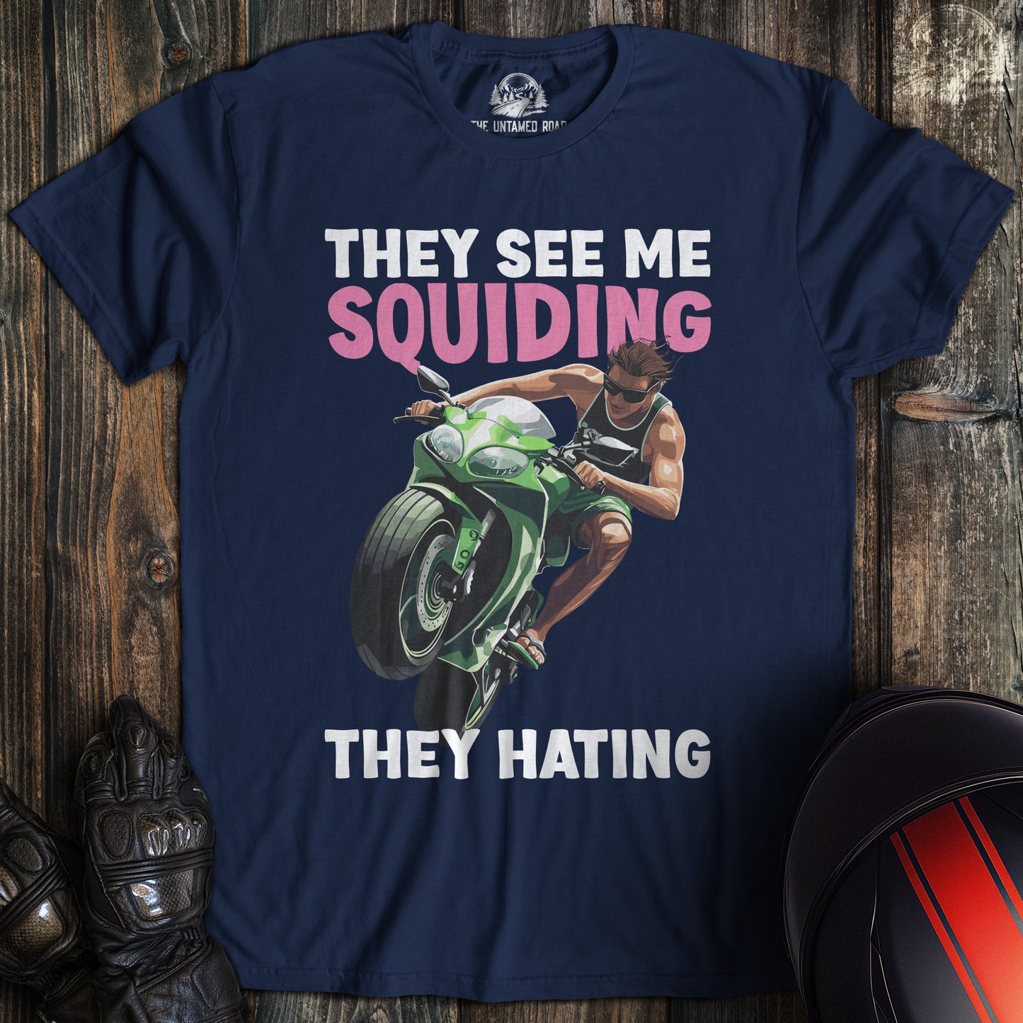 A navy colored t-shirt with the words "squidding" printed on the front.
