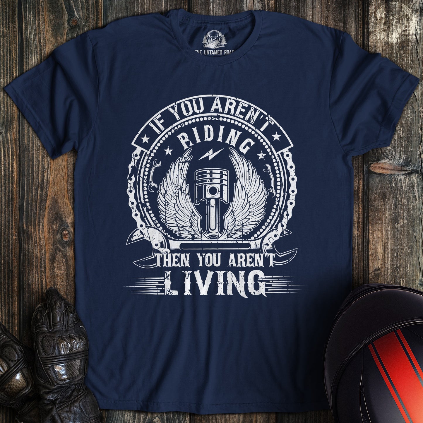 A navy colored t-shirt with the words "arent living" printed on the front.