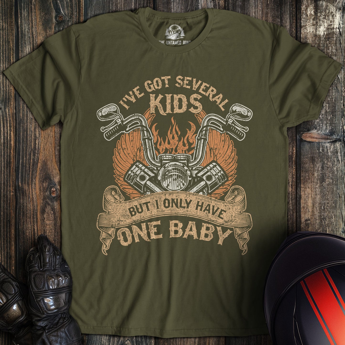 A military green colored t-shirt with the words "one baby" printed on the front.