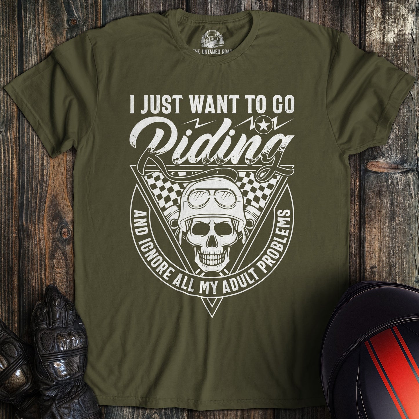 A military green colored t-shirt with the words "ignore adult problems" printed on the front.