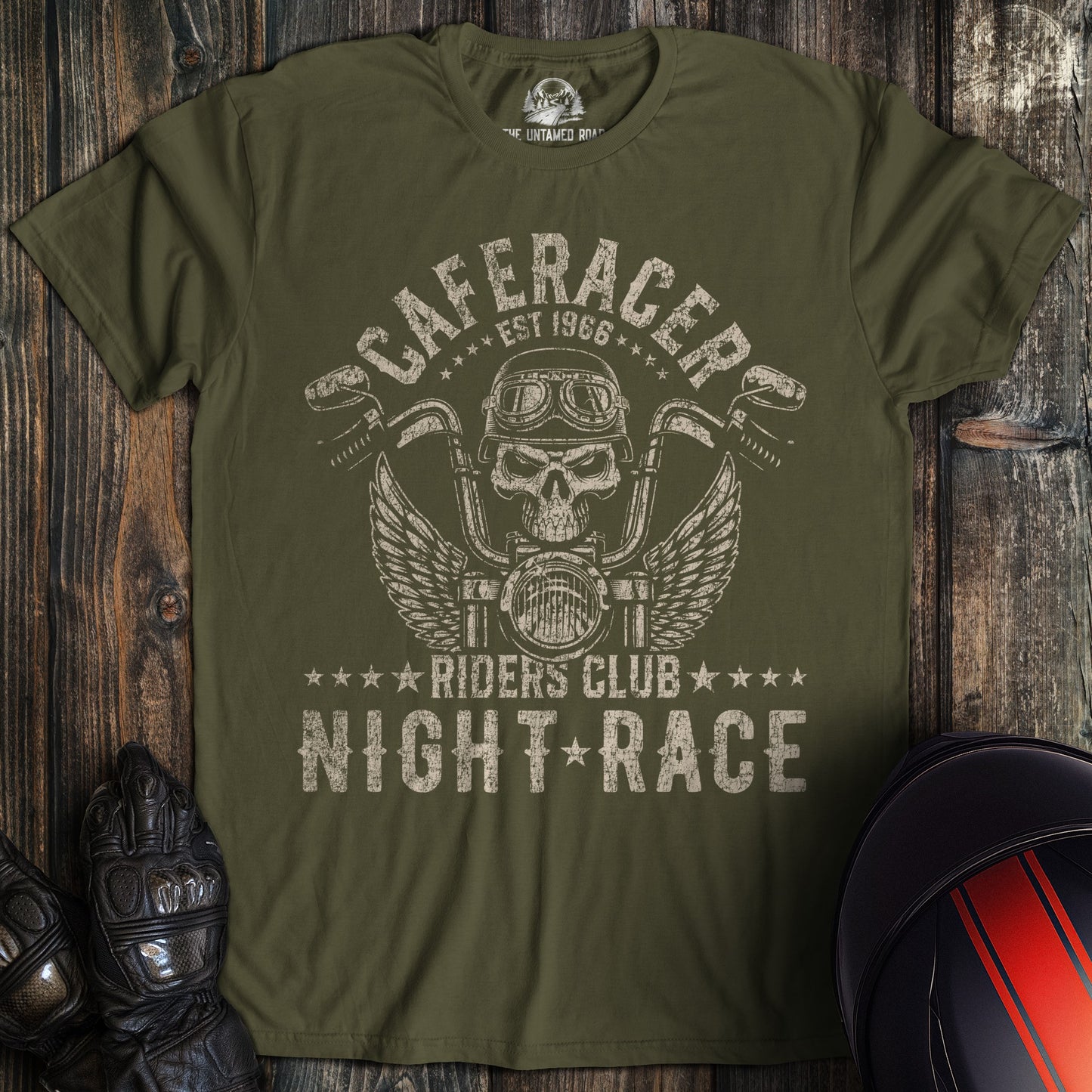 A military green colored t-shirt with the words "cafe racer club 02" printed on the front.