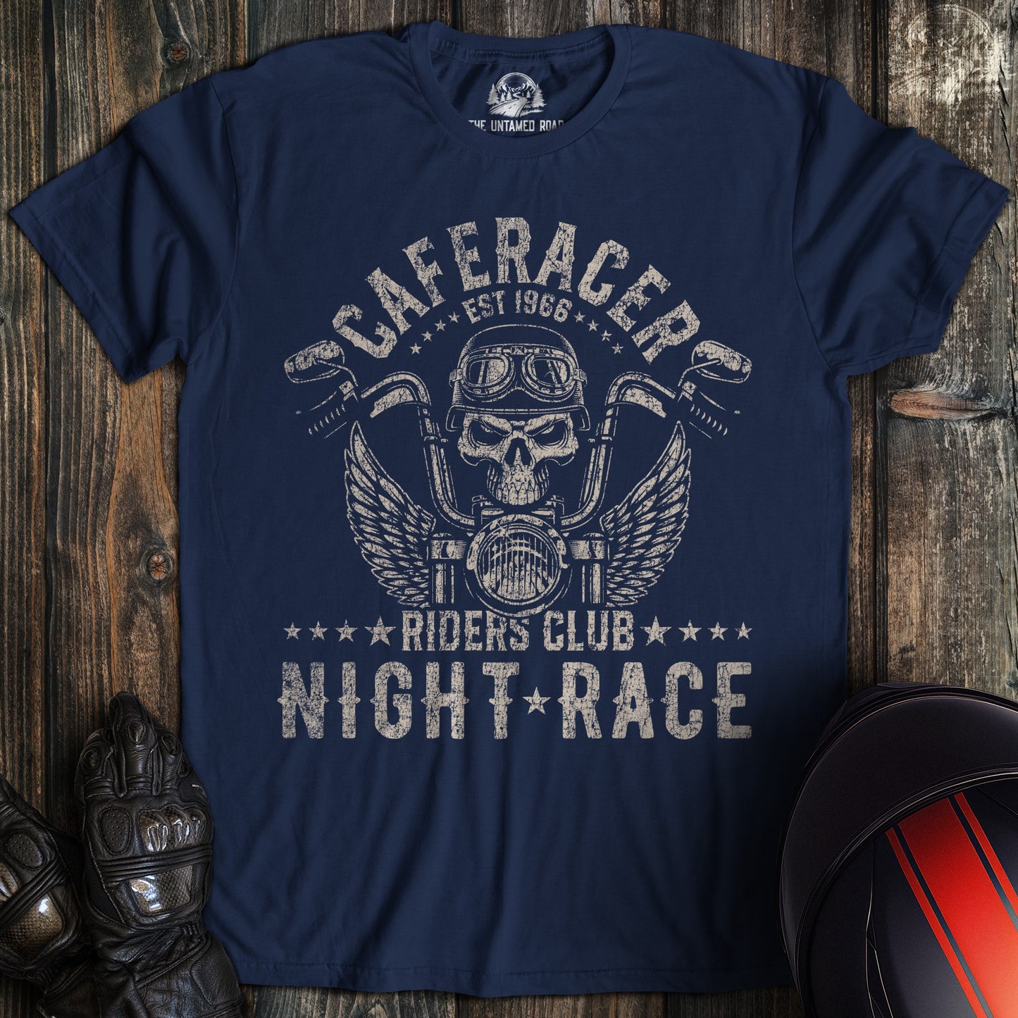 A navy colored t-shirt with the words "cafe racer club 02" printed on the front.
