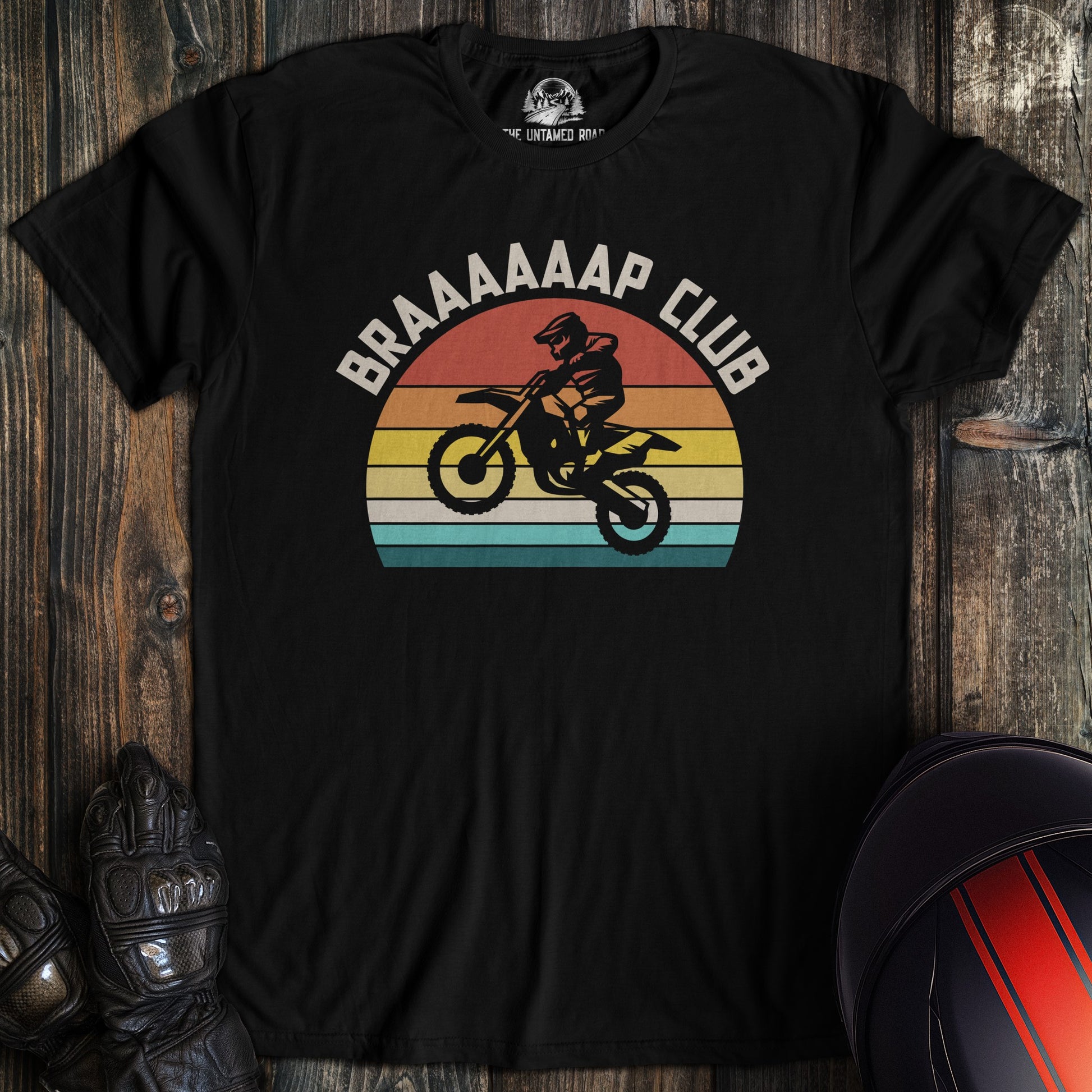 A black colored t-shirt with the words "braap club" printed on the front.