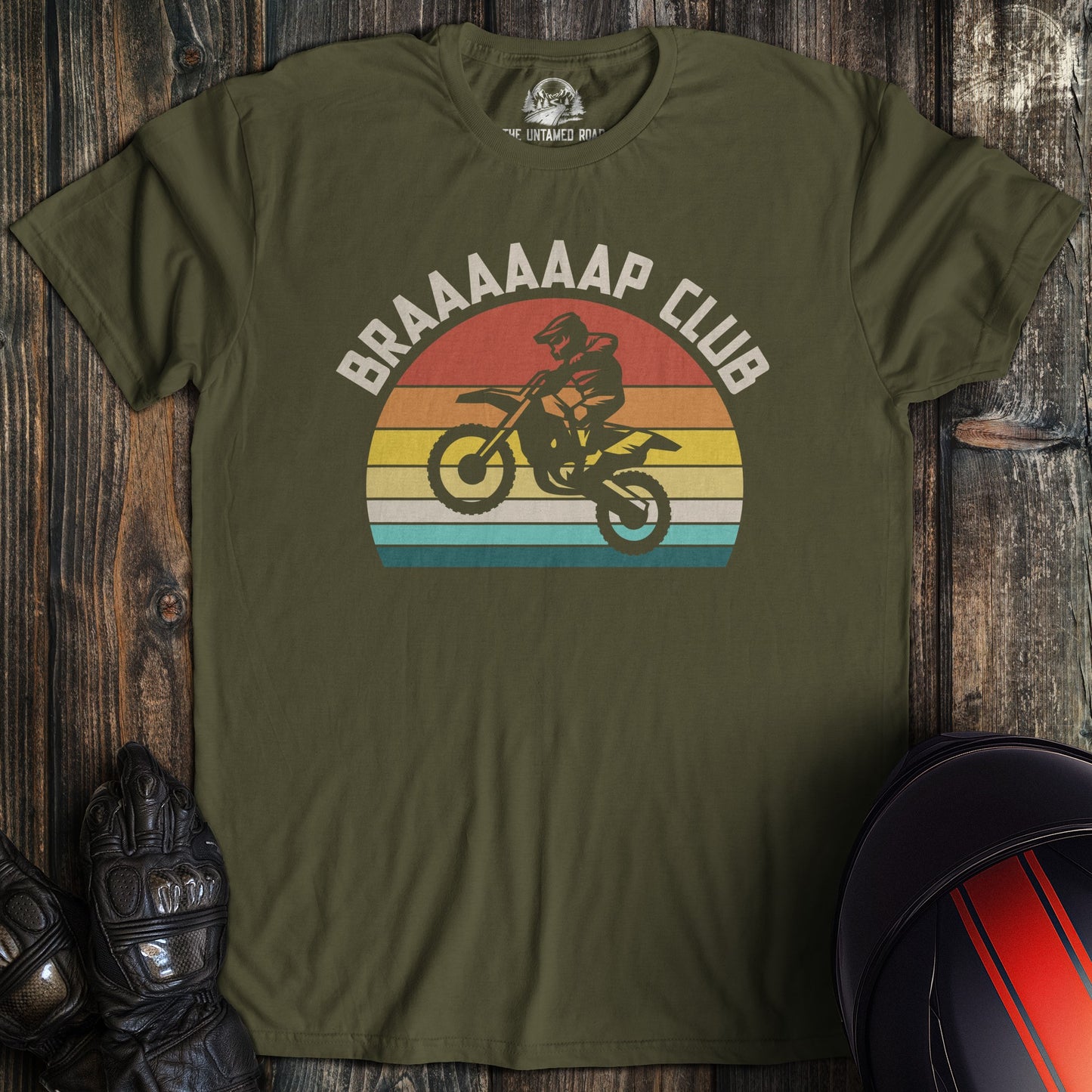 A military green colored t-shirt with the words "braap club" printed on the front.