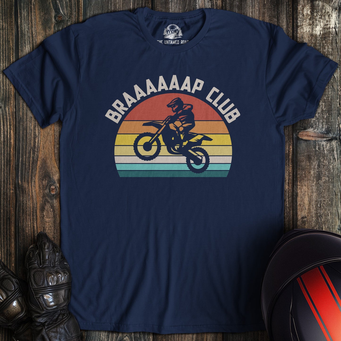 A navy colored t-shirt with the words "braap club" printed on the front.