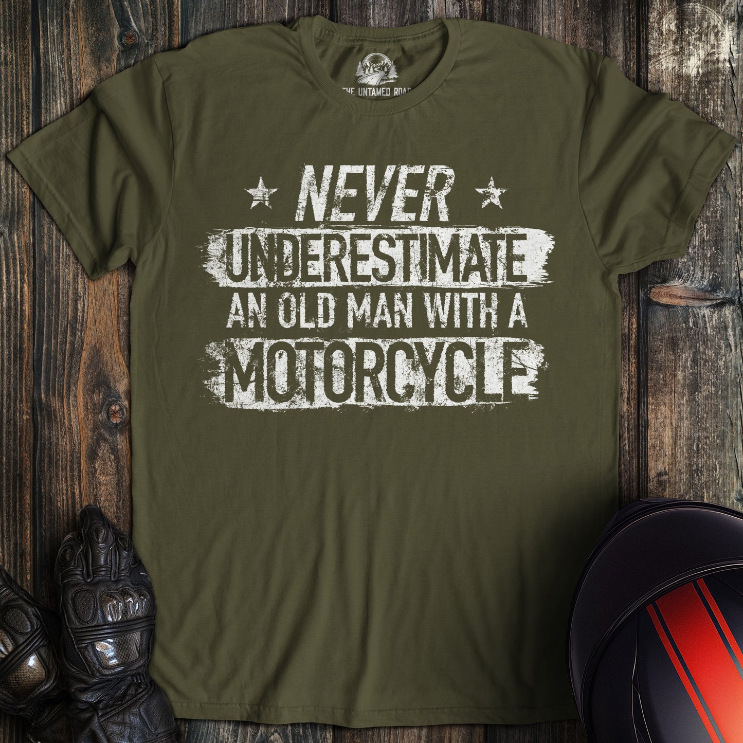A military green colored t-shirt with the words "old man motorcycle" printed on the front.