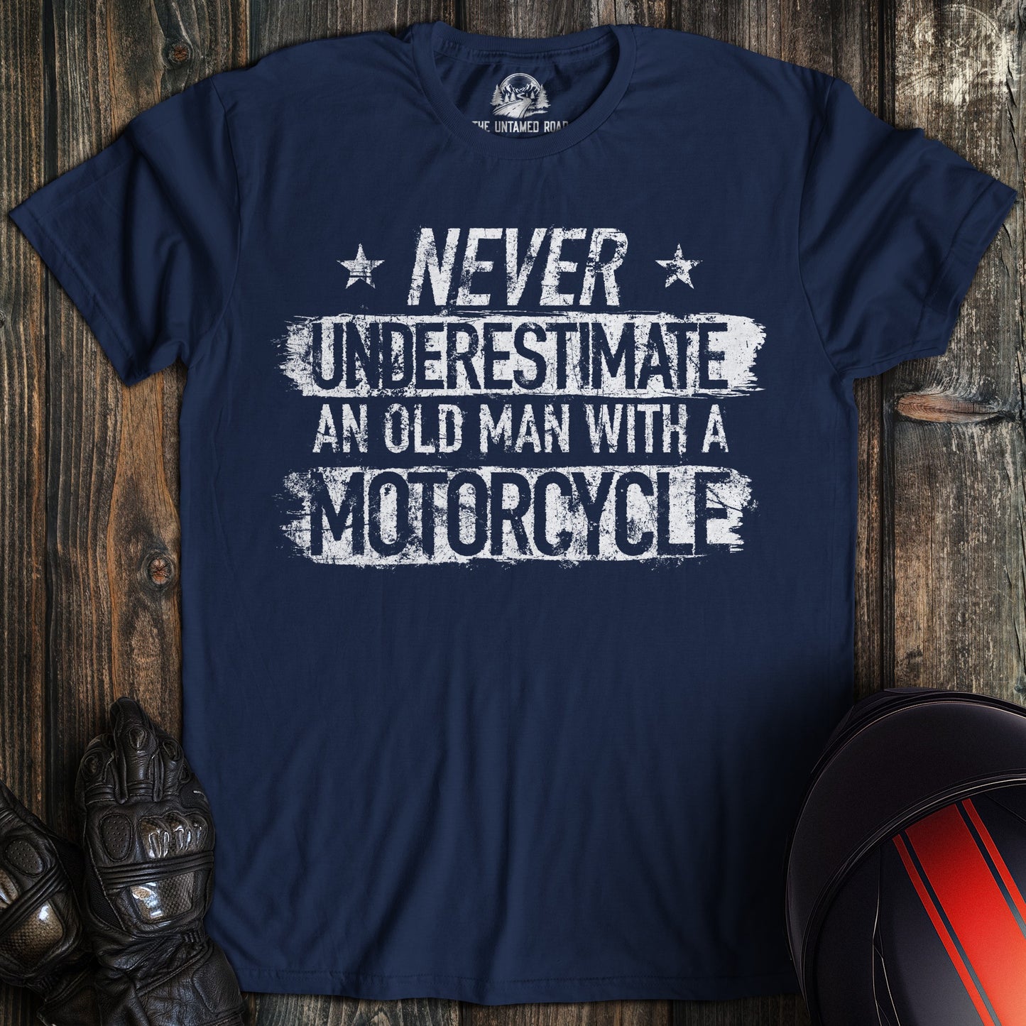 A navy colored t-shirt with the words "old man motorcycle" printed on the front.