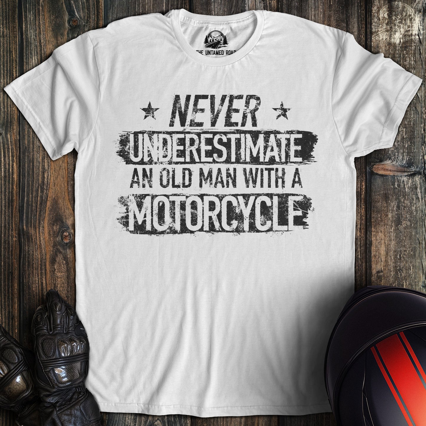 A white colored t-shirt with the words "old man motorcycle" printed on the front.