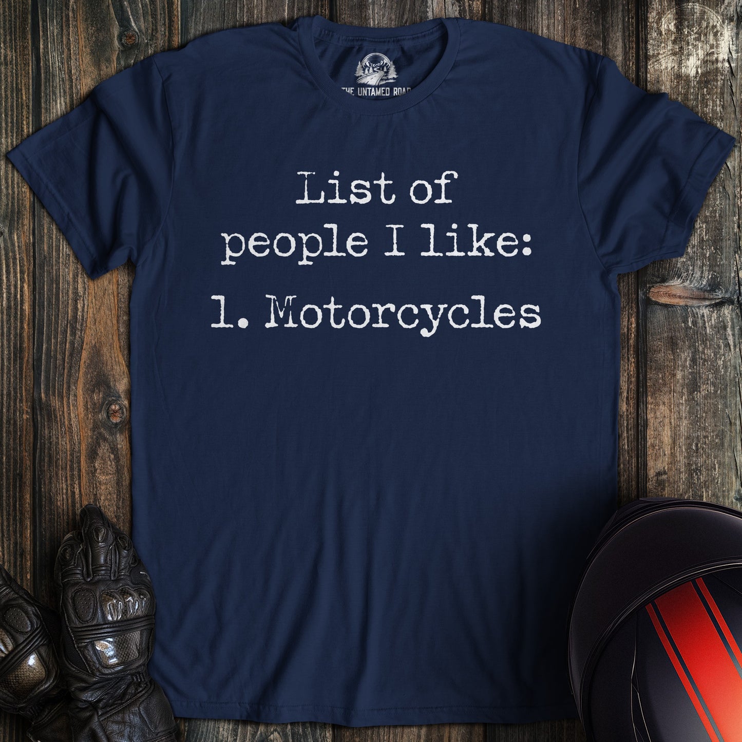 A navy colored t-shirt with the words "list of people ilike" printed on the front.