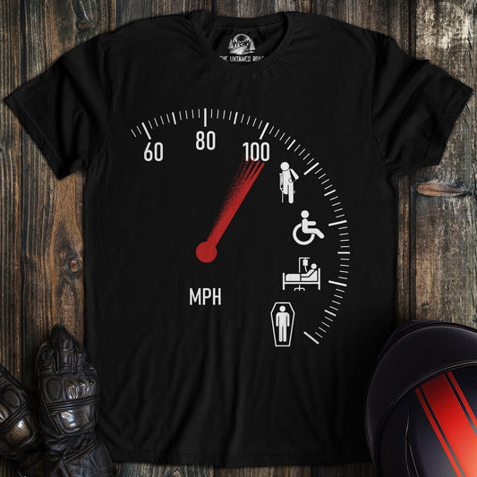 A black colored t-shirt with the words "injury speedometer" printed on the front.