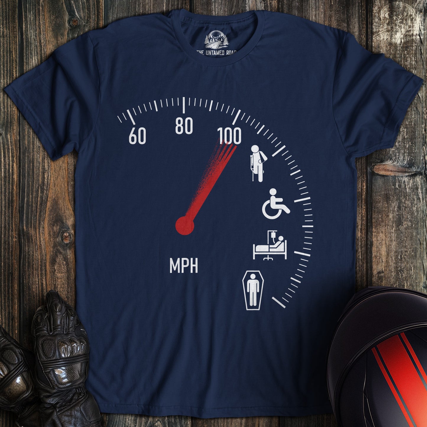 A navy colored t-shirt with the words "injury speedometer" printed on the front.