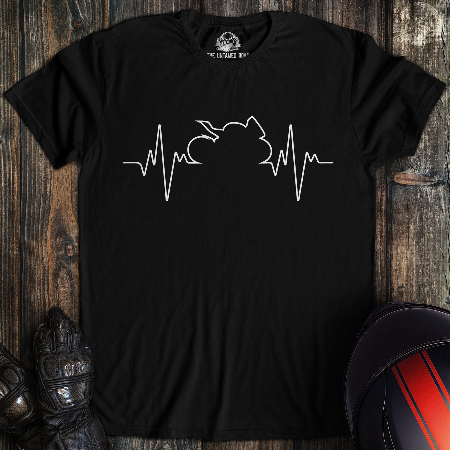 A black colored t-shirt with the words "sportbike heartbeat" printed on the front.