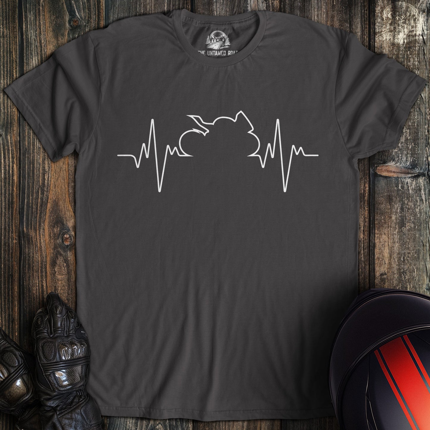 A charcoal colored t-shirt with the words "sportbike heartbeat" printed on the front.