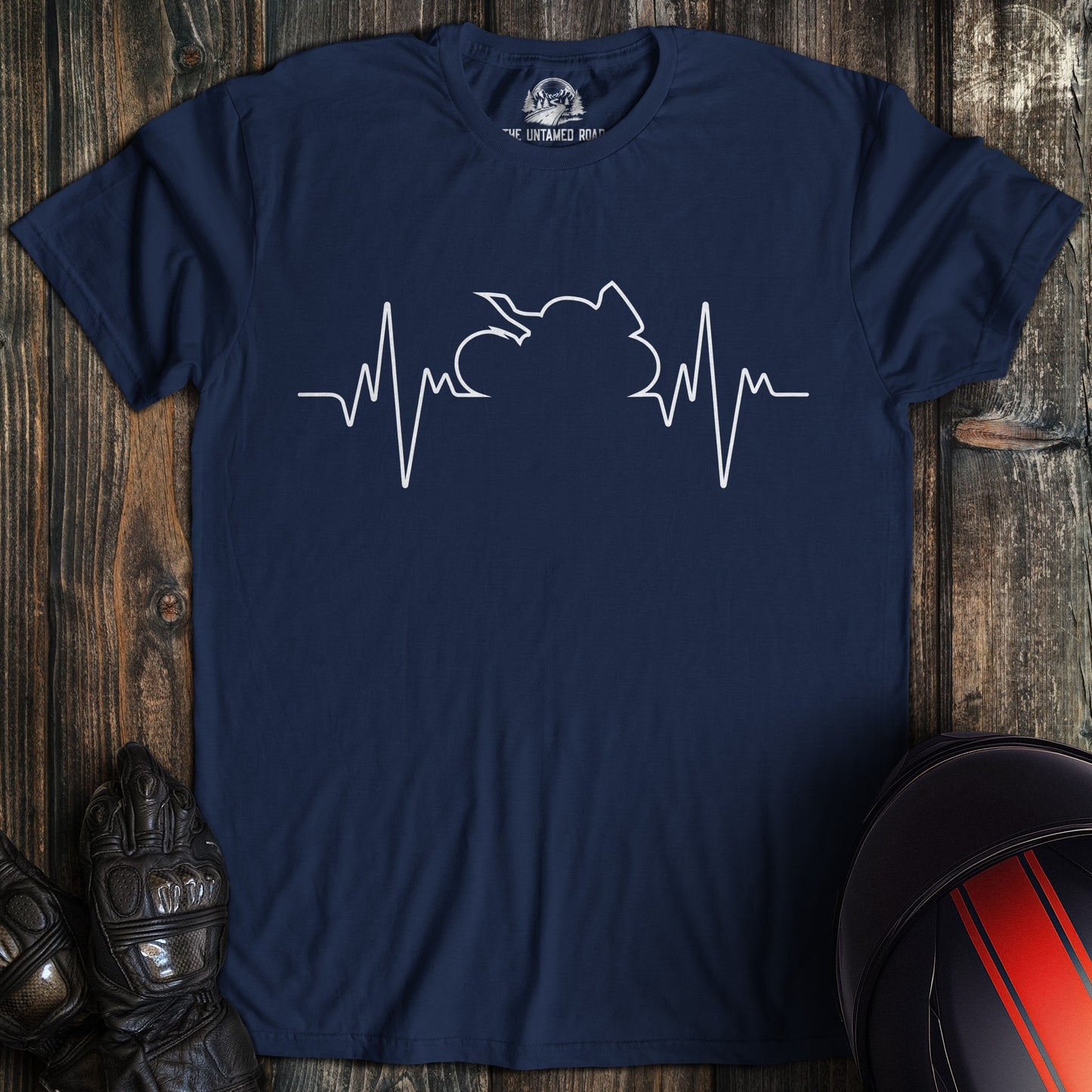 A navy colored t-shirt with the words "sportbike heartbeat" printed on the front.