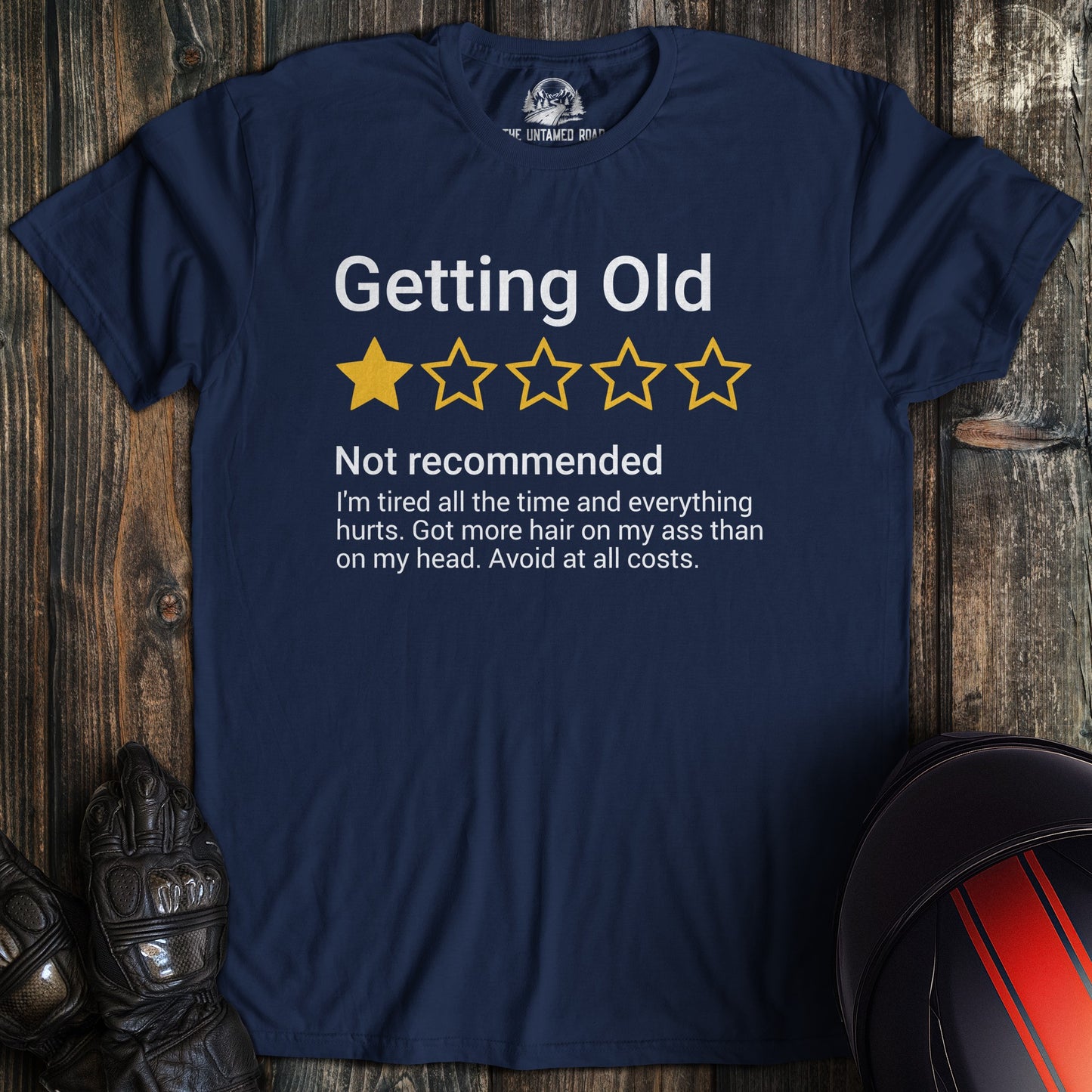 A navy colored t-shirt with the words "getting old review" printed on the front.