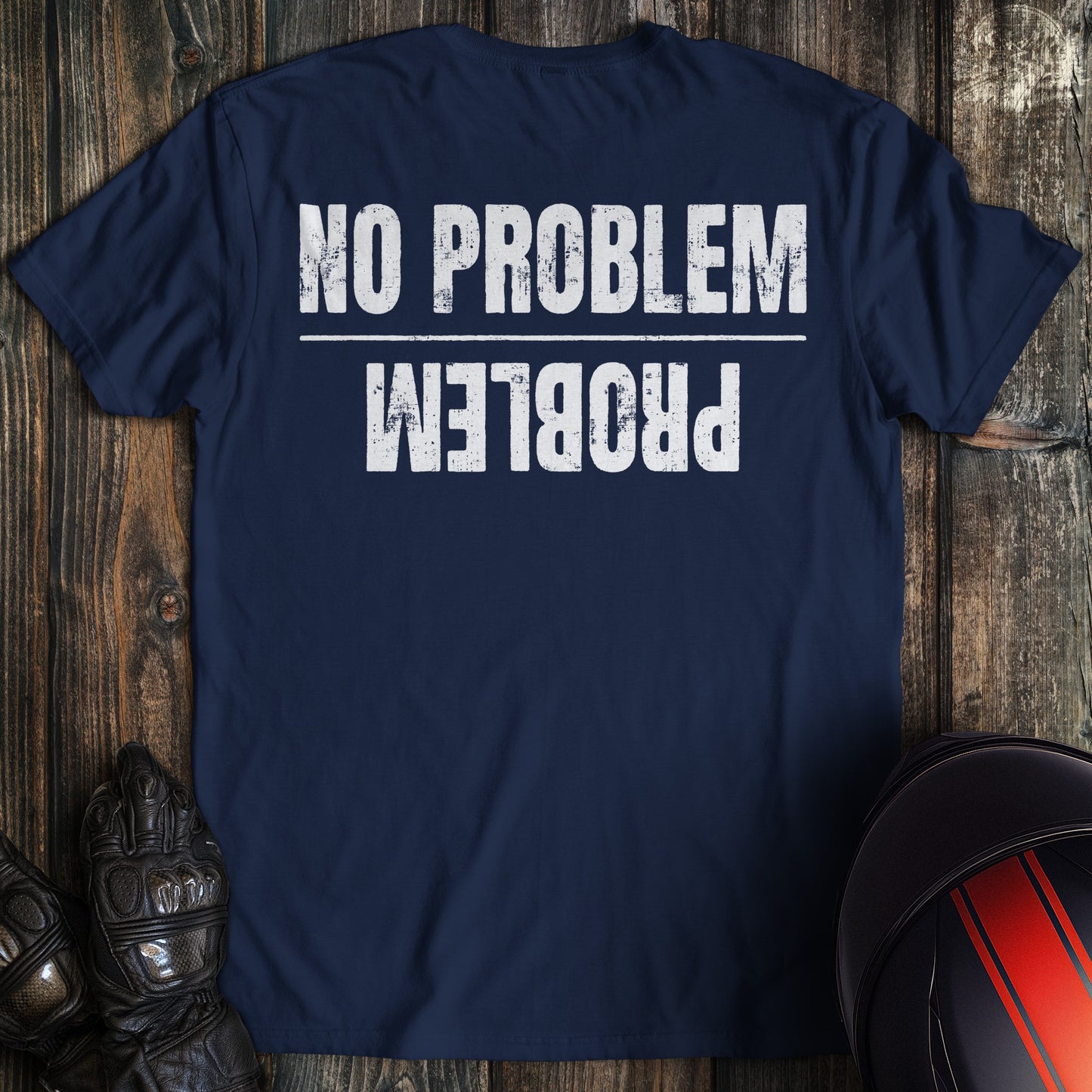 A navy colored t-shirt with the words "no problem problem" printed on the back.