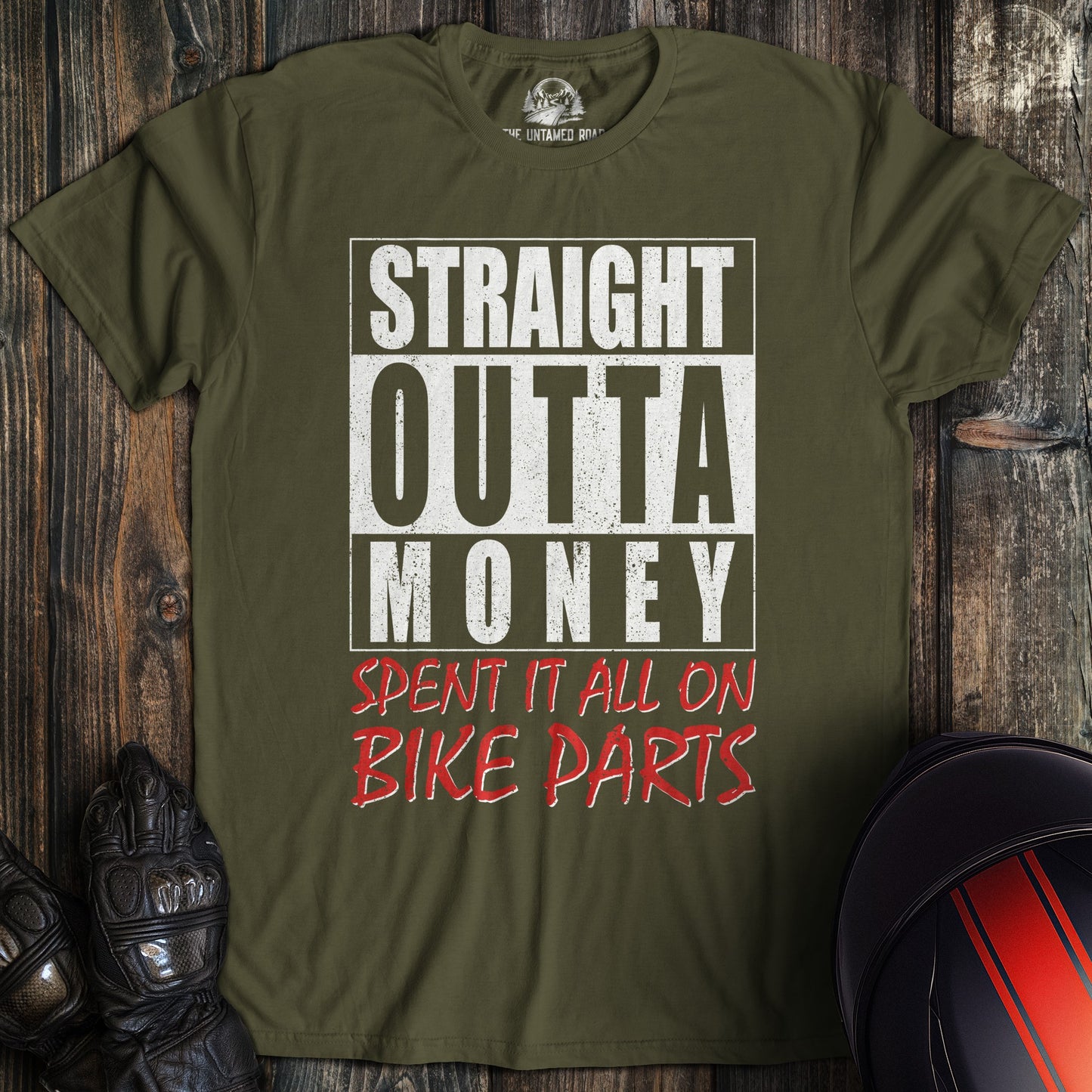 A military green colored t-shirt with the words "straight outta money 2" printed on the front.