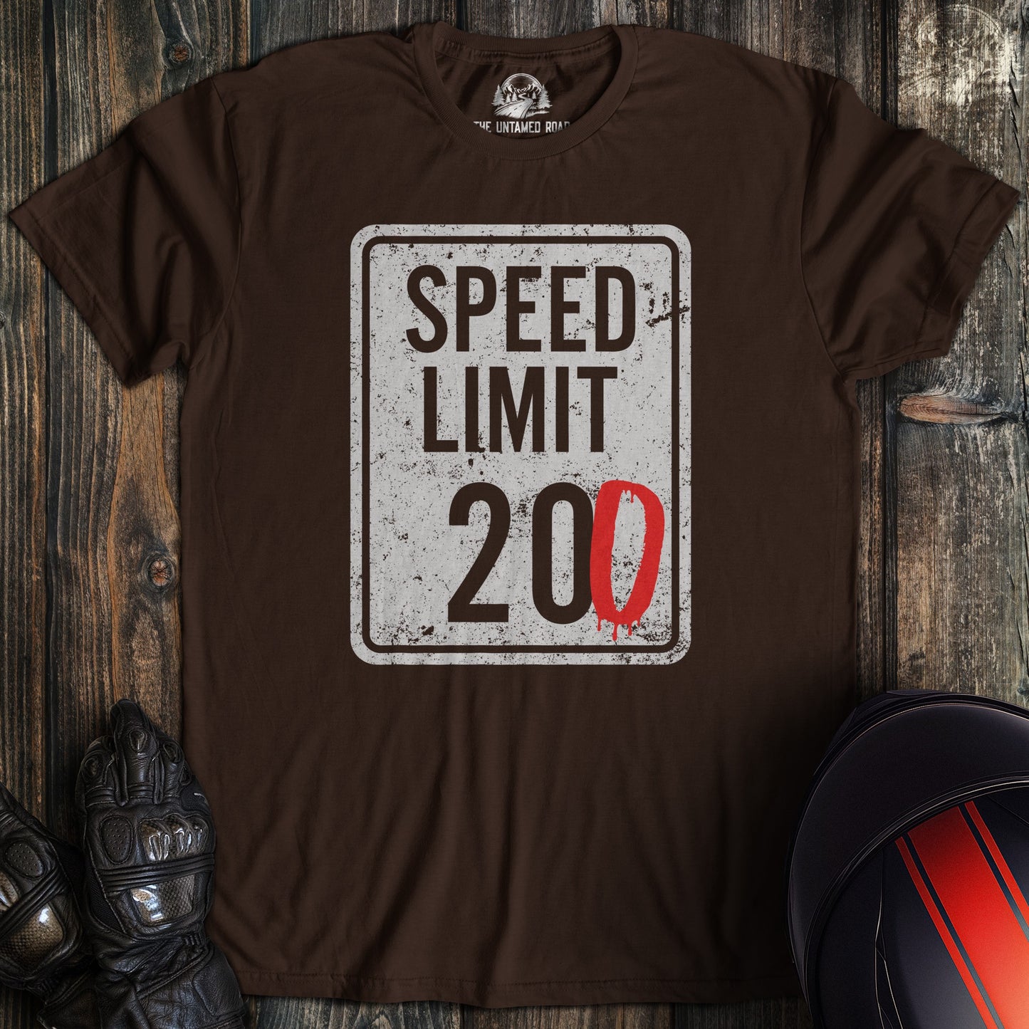 A dark chocolate colored t-shirt with the words "speed limit" printed on the front.