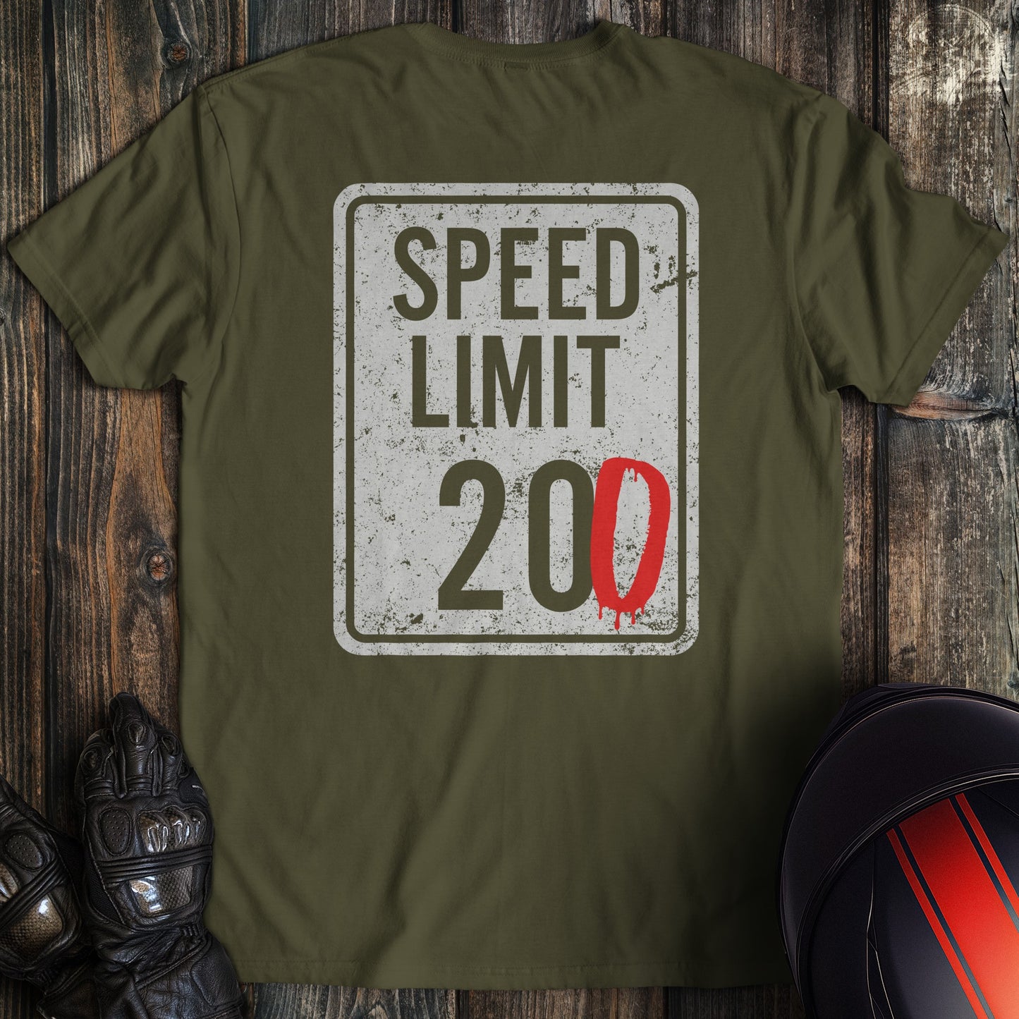 A military green colored t-shirt with the words "speed limit" printed on the back.