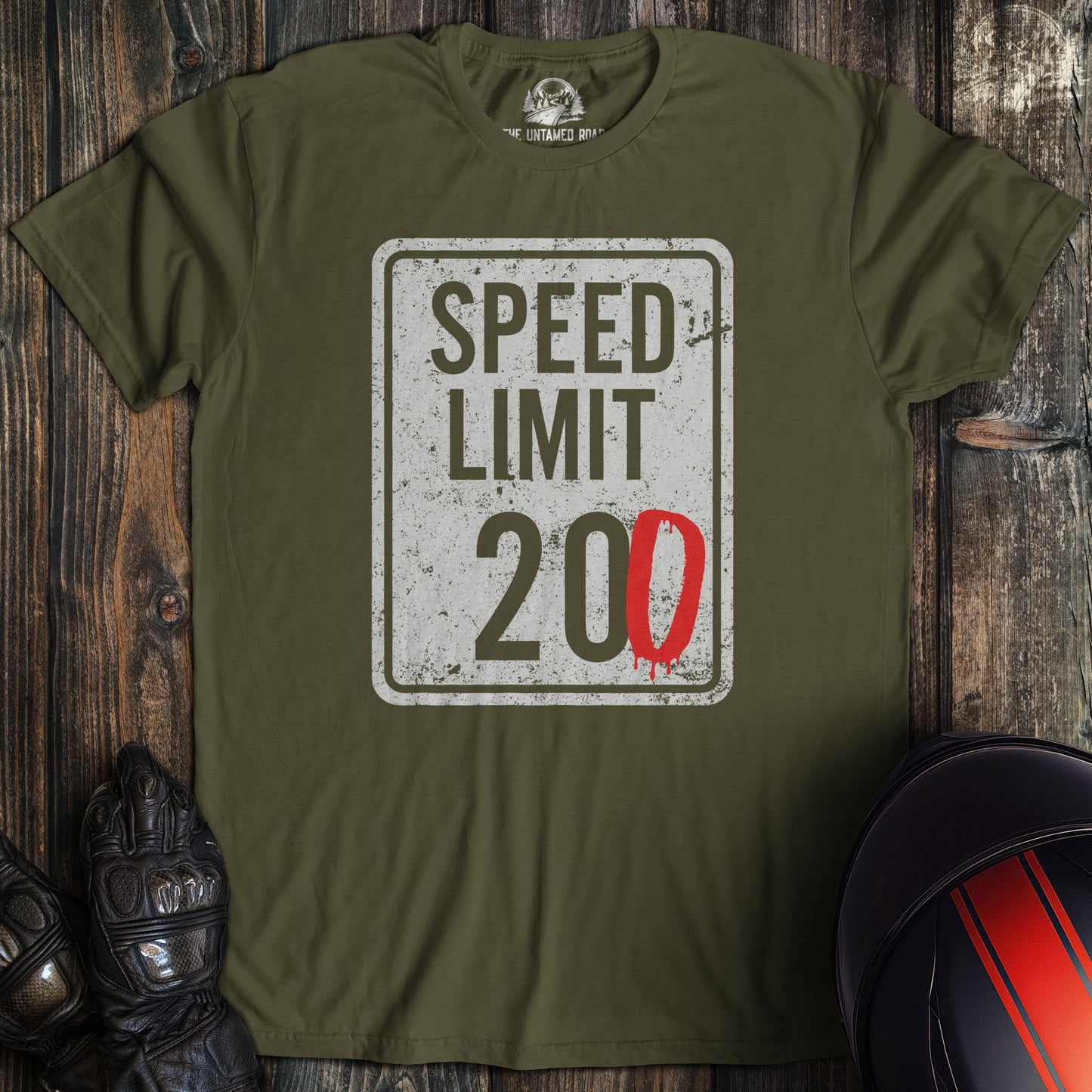 A military green colored t-shirt with the words "speed limit" printed on the front.