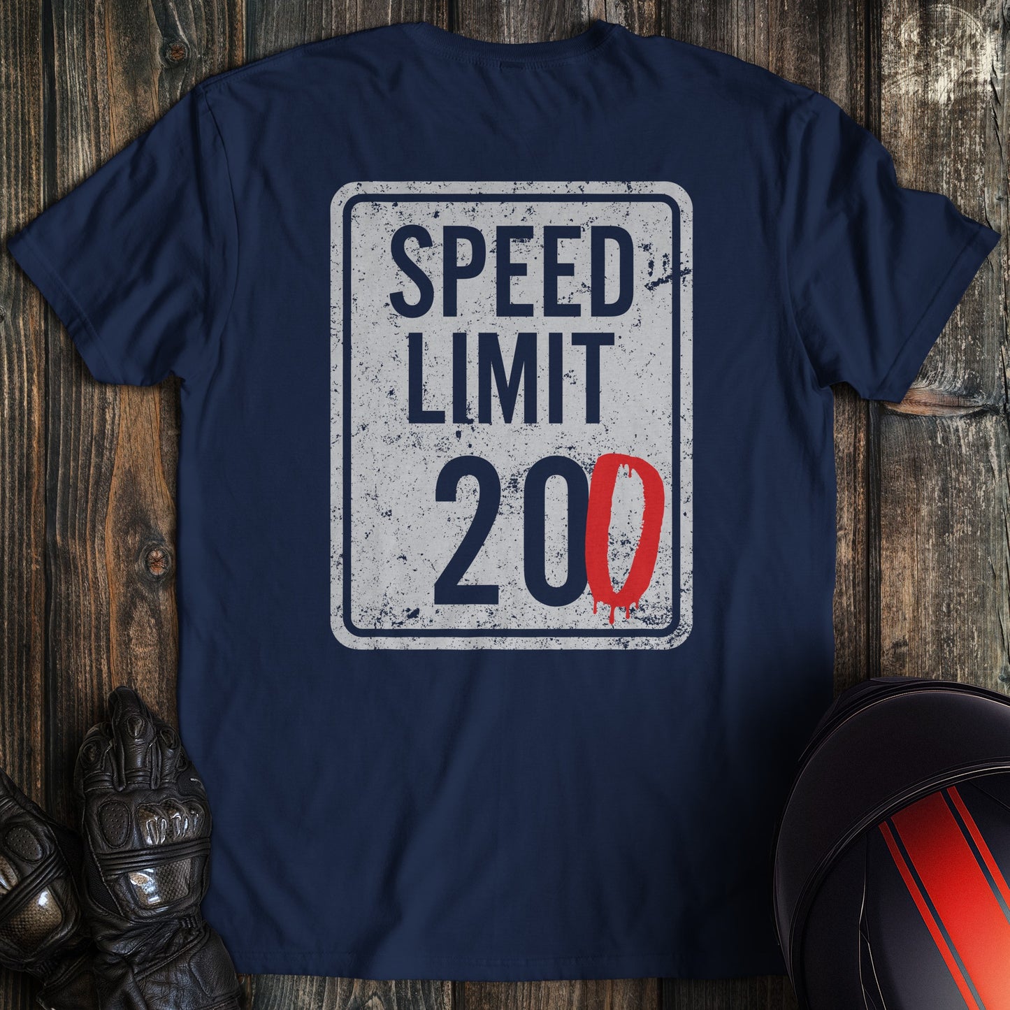 A navy colored t-shirt with the words "speed limit" printed on the back.