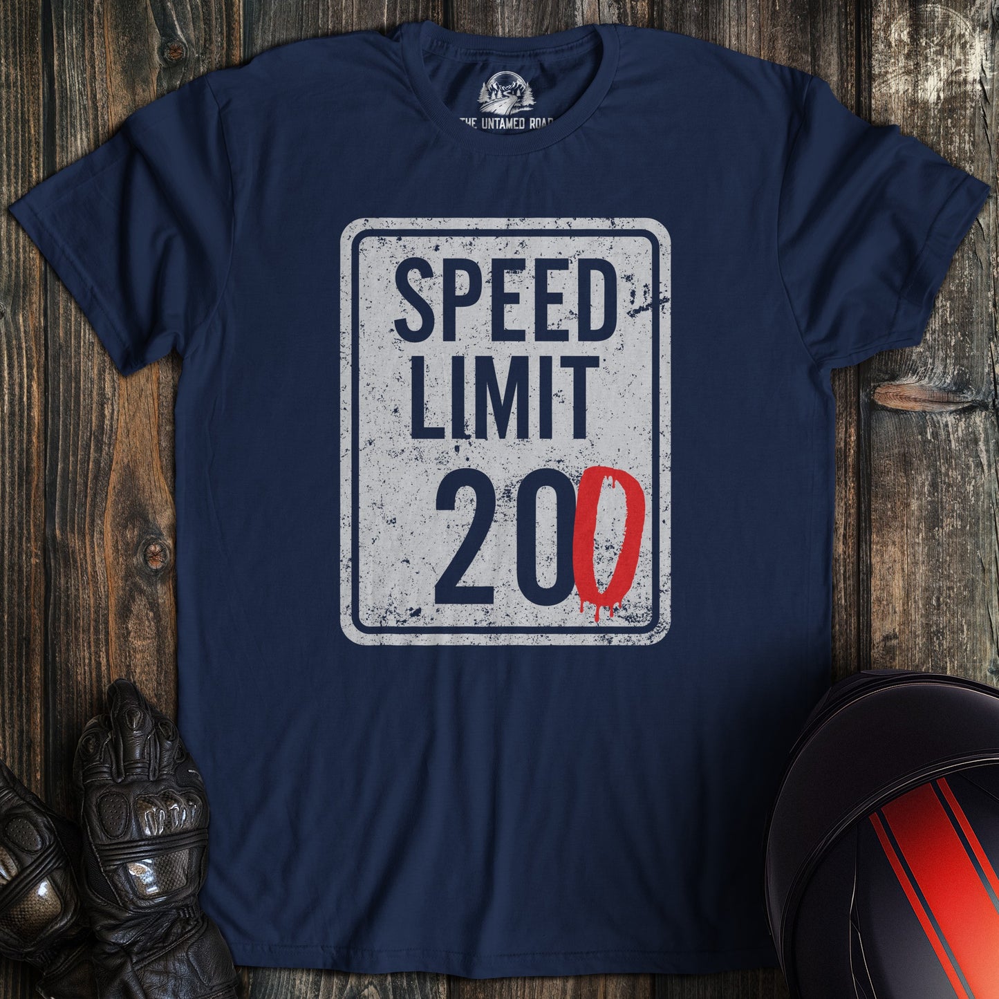 A navy colored t-shirt with the words "speed limit" printed on the front.