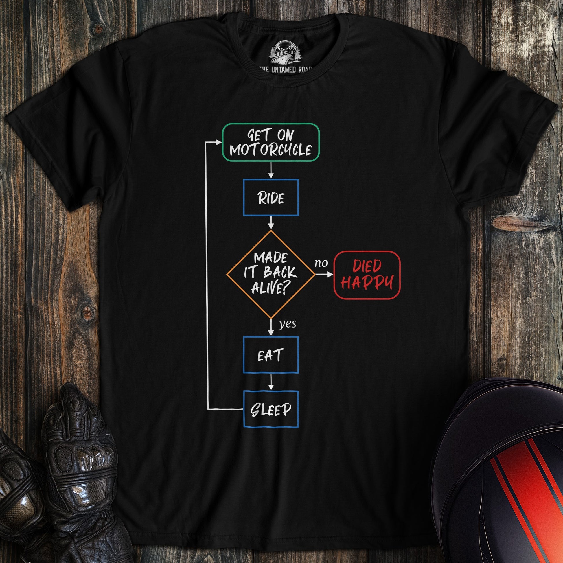 A black colored t-shirt with the words "died happy flowchart 2" printed on the front.