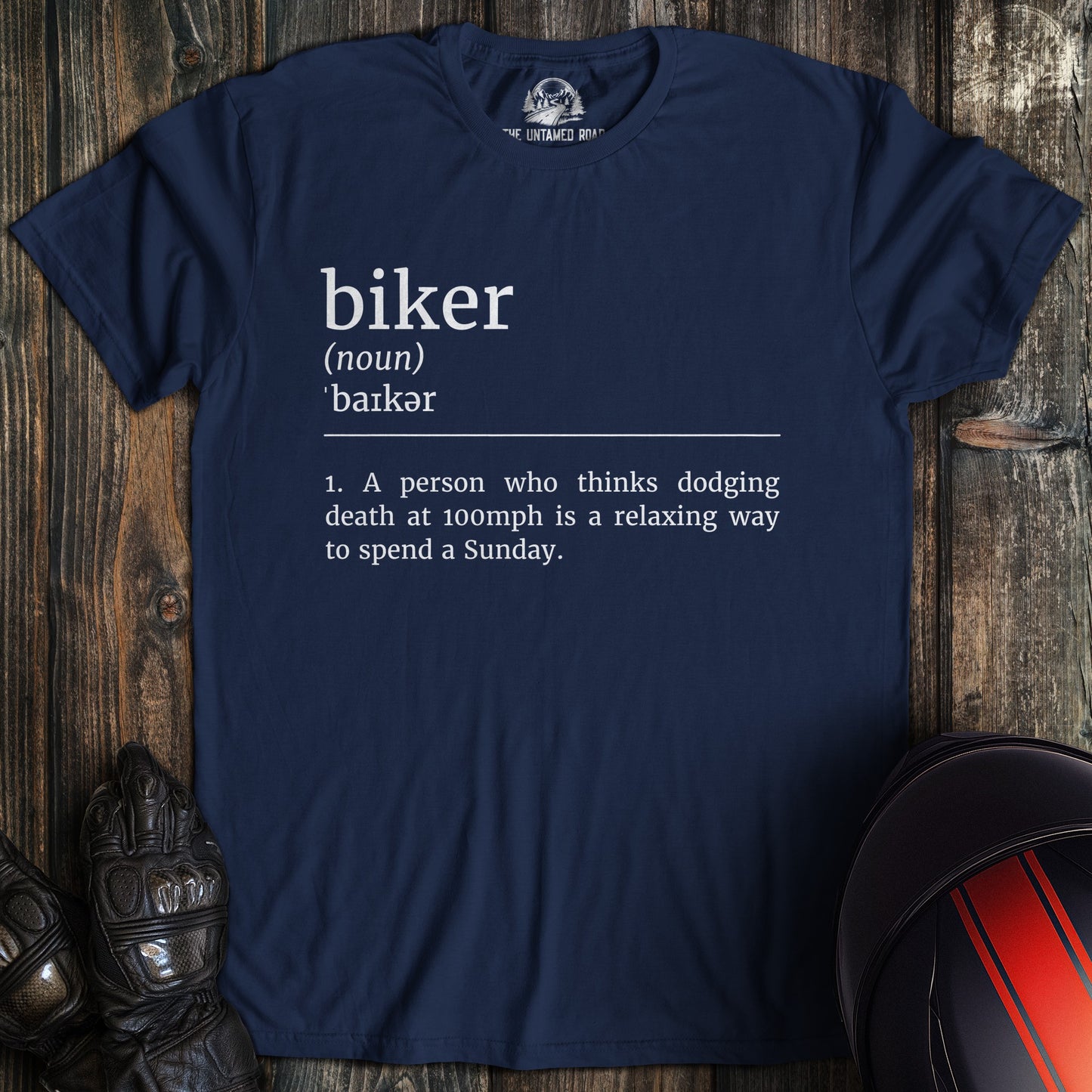 A navy colored t-shirt with the words "biker definition 2" printed on the front.