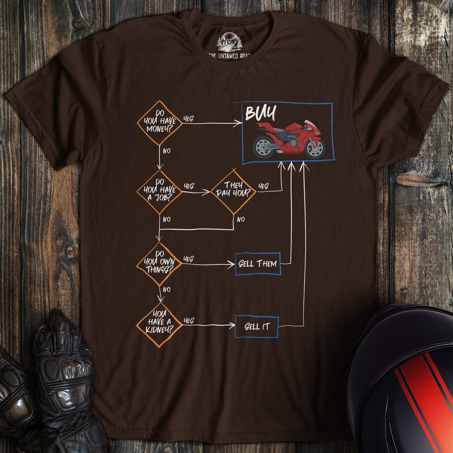A dark brown t-shirt featuring a funny flowchart graphic about buying a red motorcycle.