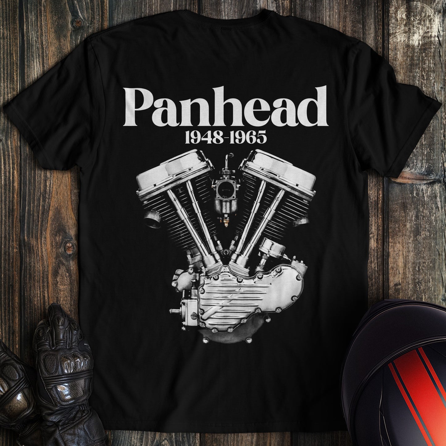 A black t-shirt featuring a Panhead motorcycle engine graphic with the text Panhead 1948-1965 in white.