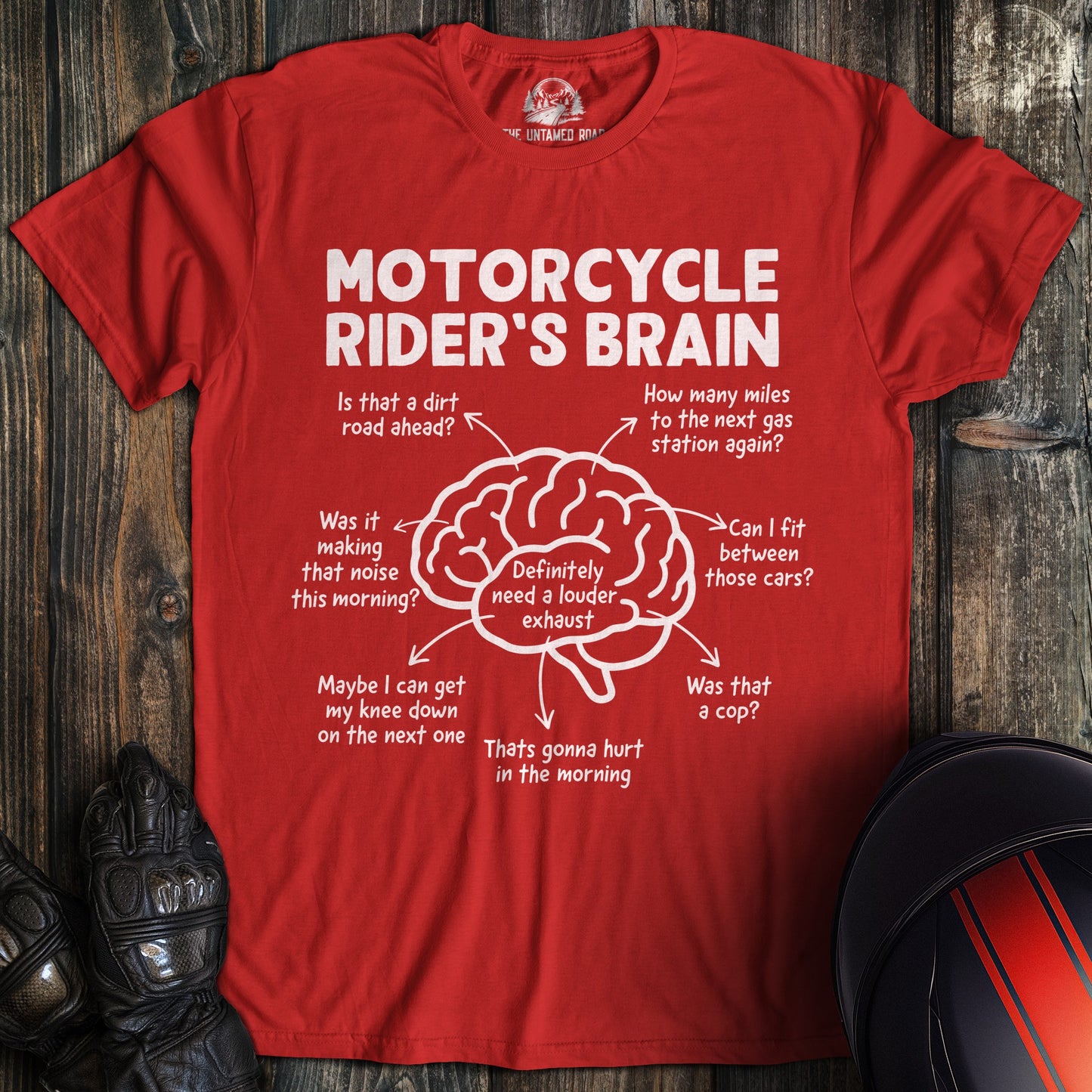 A red t-shirt featuring a funny motorcycle rider's brain diagram with white text and a brain illustration.