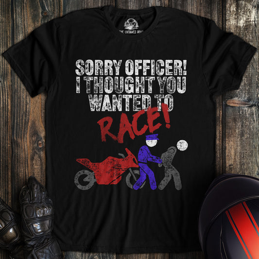 A black colored t-shirt with the words "officer race" printed on the front.